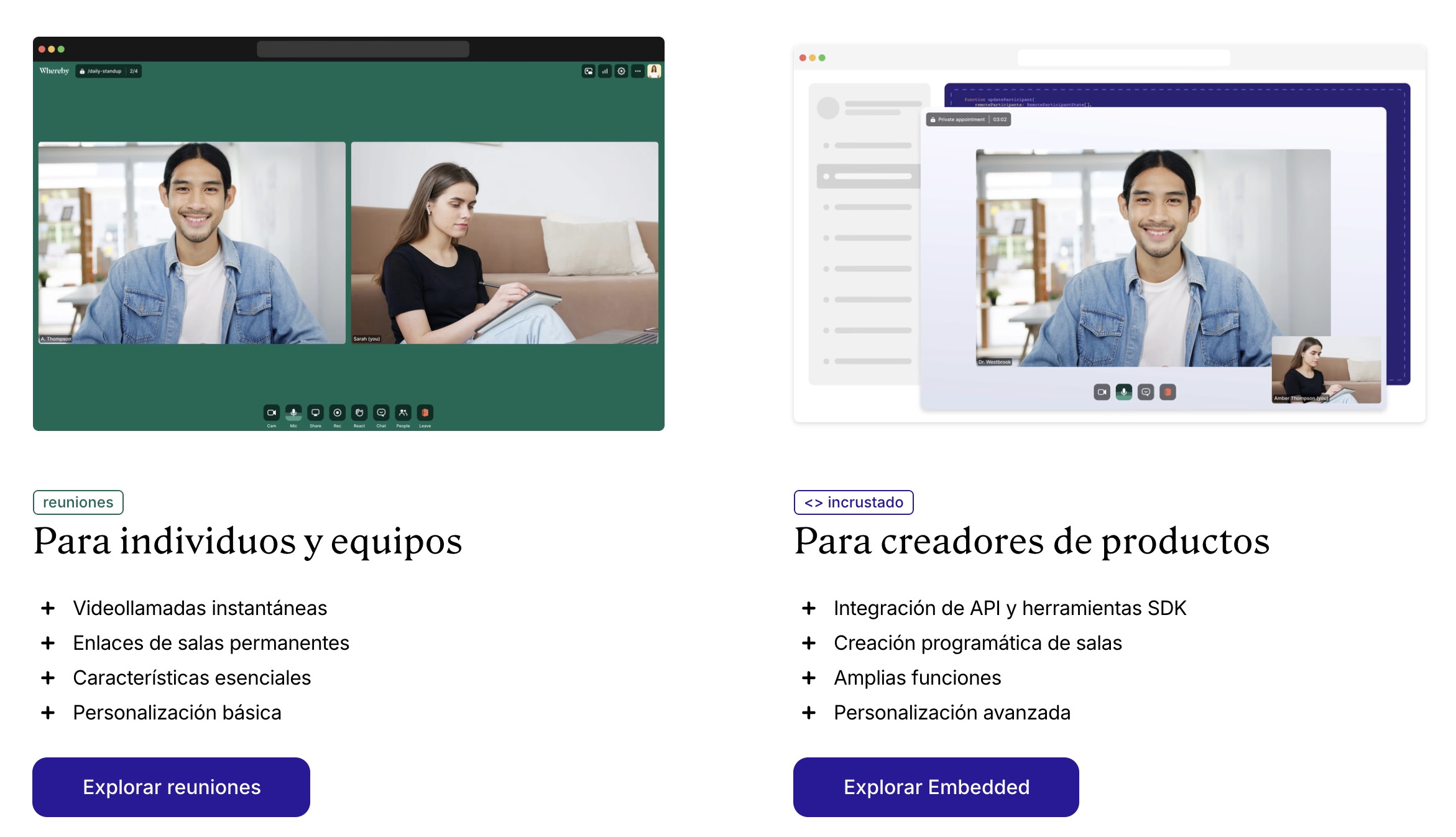 Landing page de Whereby que presenta las principales soluciones y los clientes de la empresa.