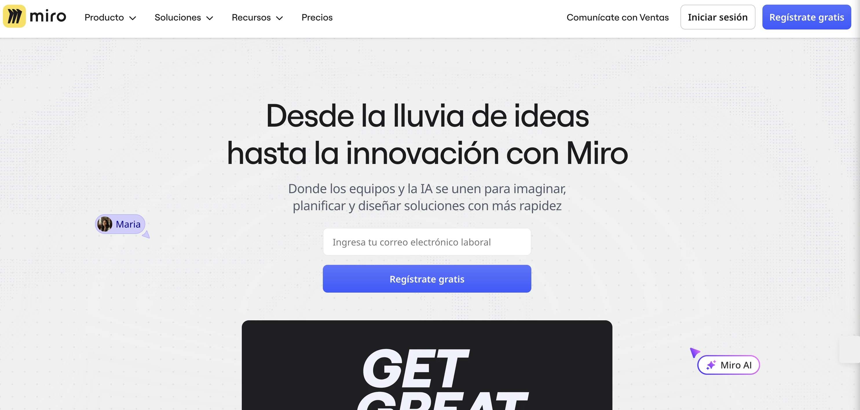 Ejemplo de landing page de Miro que destaca los principales perfiles de clientes y casos de uso.
