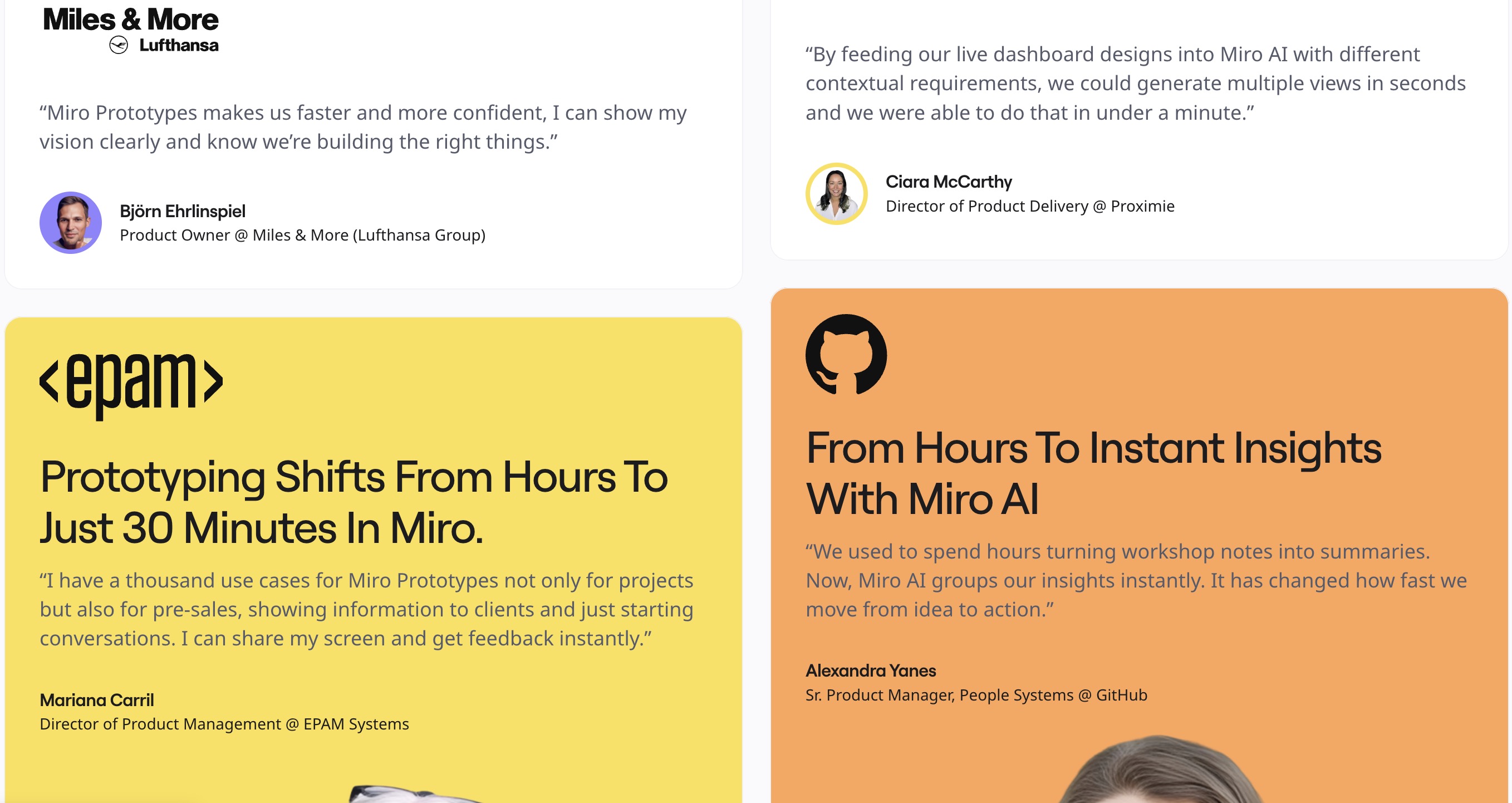 Landing page de Miro que presenta testimonios de las principales marcas.