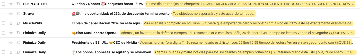Imagen que muestra correos electrónicos con diferentes longitudes de preencabezado visibles en la vista previa del buzón.