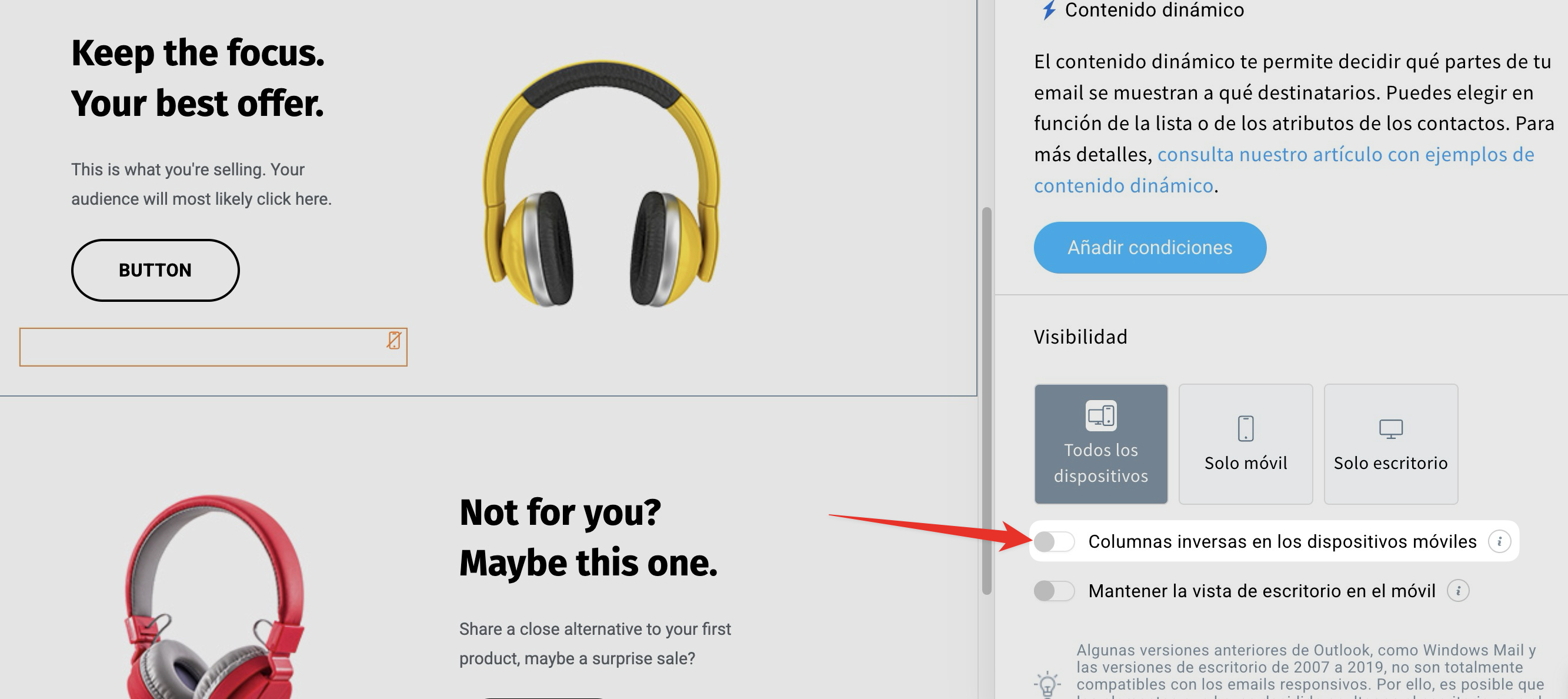 Función de invertir columnas en dispositivos móviles en el Creador de Correos de GetResponse.

