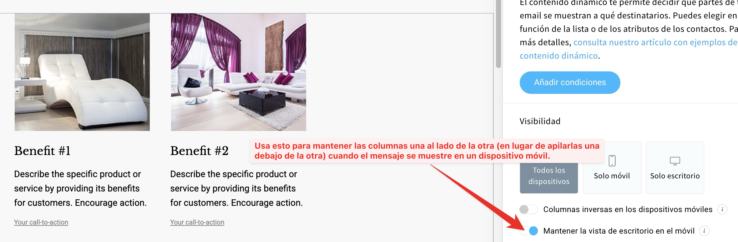 Cómo asegurarte de que tus columnas no se apilen cuando el mensaje se vea en dispositivos móviles – Creador de Correos de GetResponse.