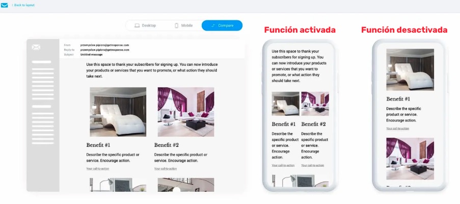 Con y sin la función «mantener las columnas una al lado de la otra» activada – Creador de Correos de GetResponse.