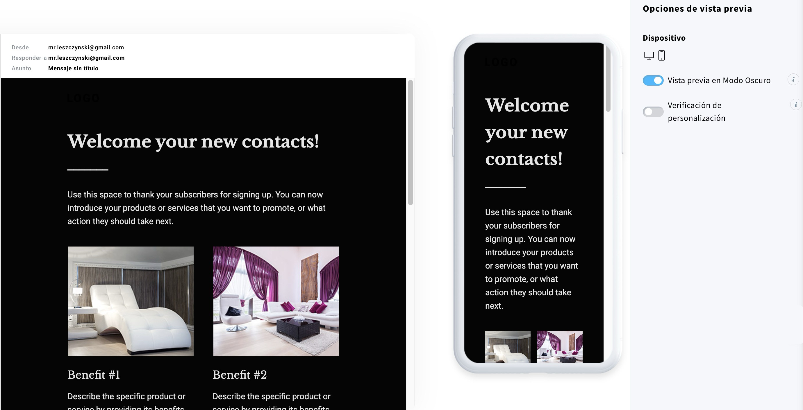 Vista previa en modo oscuro en el Creador de Correos de GetResponse.
