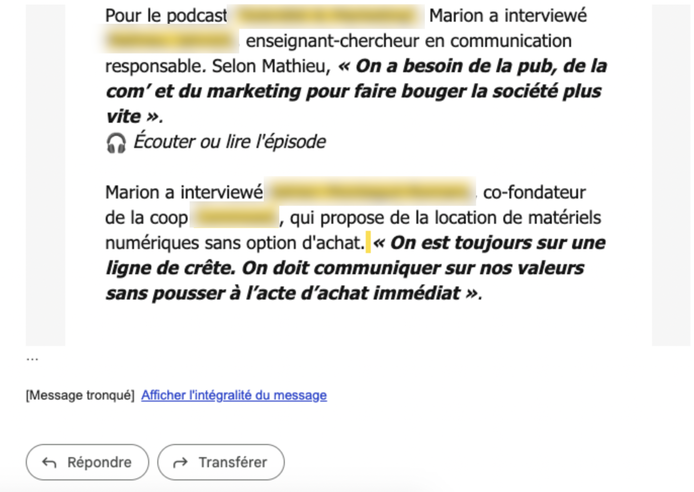 En cliquant sur le lien « Afficher l’intégralité du message », les utilisateurs de Gmail peuvent voir l'intégralité de l'e-mail et déclencher le pixel de suivi.