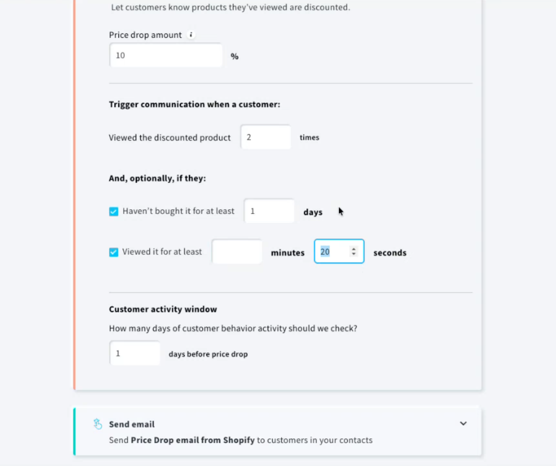 GetResponse audience targeting interface showing product view count and time-on-page configuration options for price drop campaigns