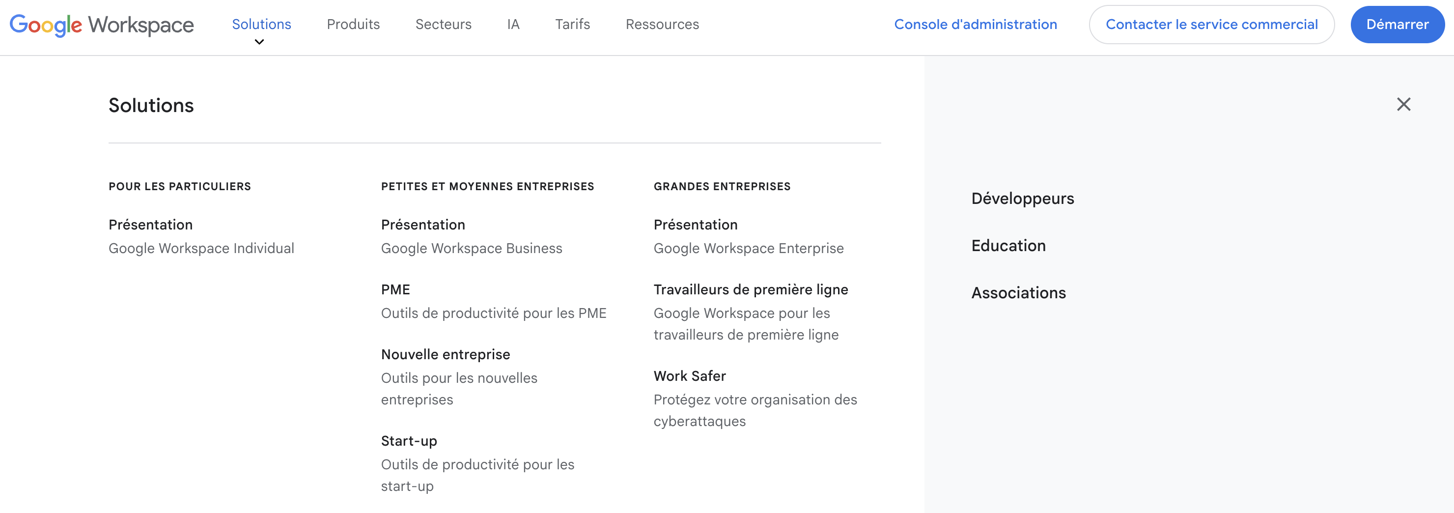 Interface du fournisseur de service de messagerie Gmail affichant les plans tarifaires et les fonctionnalités de Google Workspace