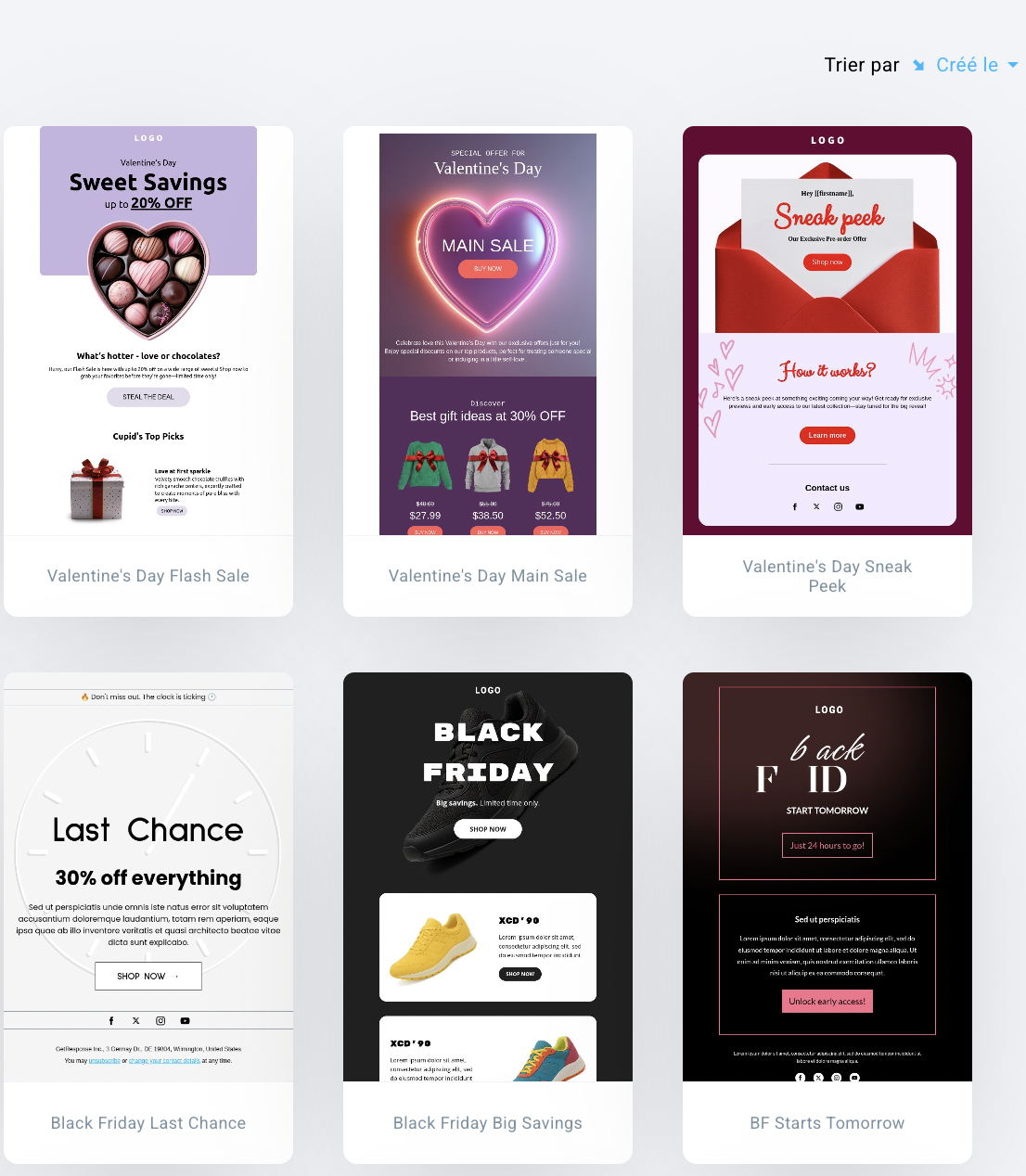 Quelques-uns des modèles gratuits prédéfinis disponibles dans GetResponse.