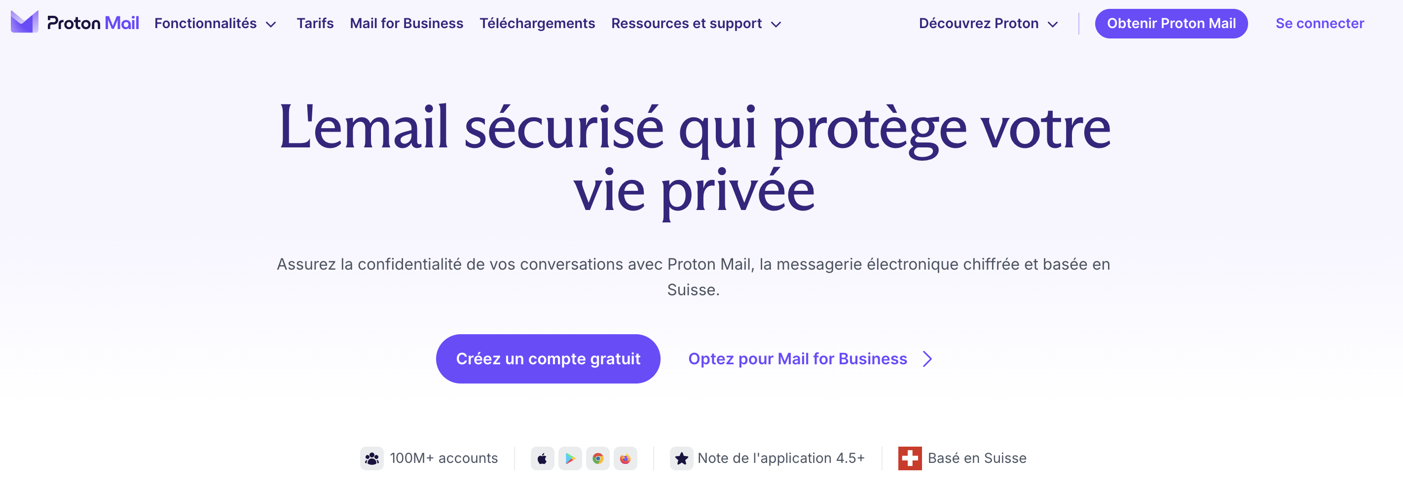 Interface du fournisseur de messagerie sécurisée Proton Mail mettant en avant les fonctionnalités de chiffrement de bout en bout