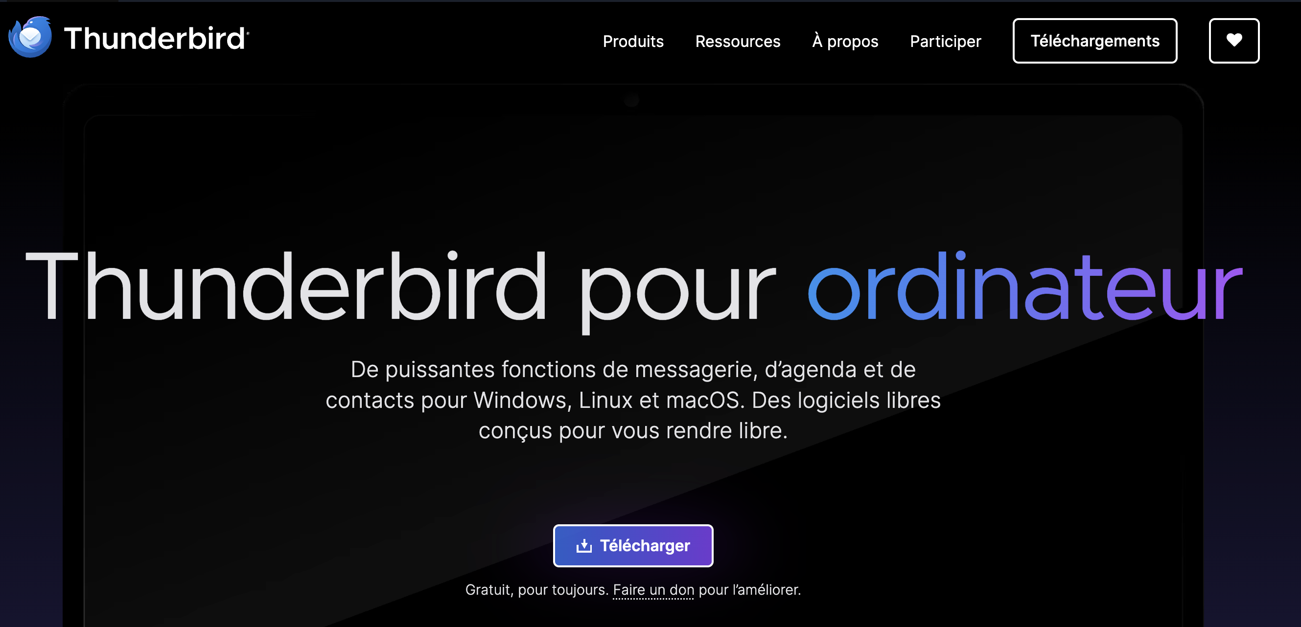 Client de messagerie de bureau Mozilla Thunderbird affichant la gestion de plusieurs comptes et les fonctionnalités open source