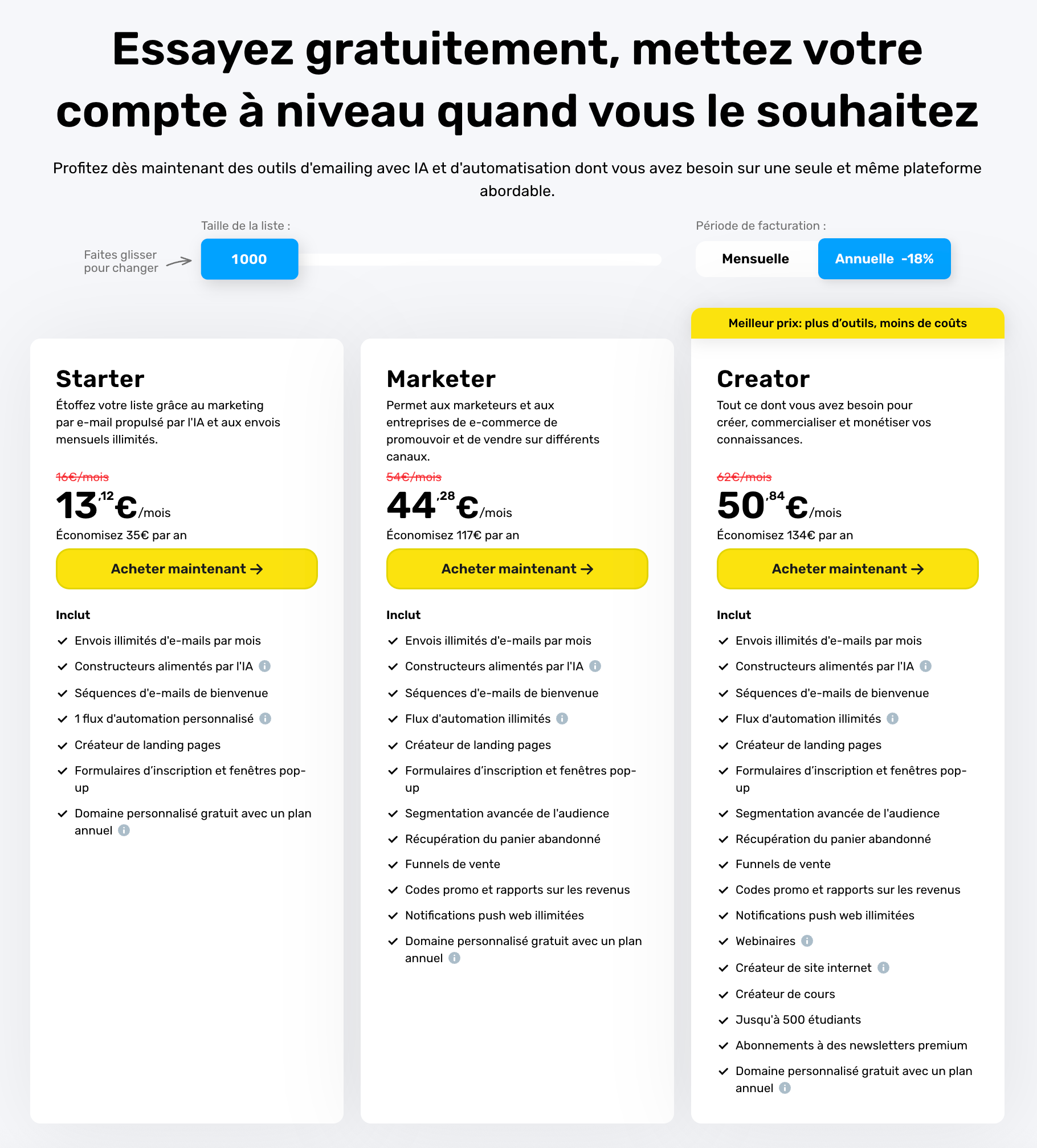 Tarifs de GetResponse