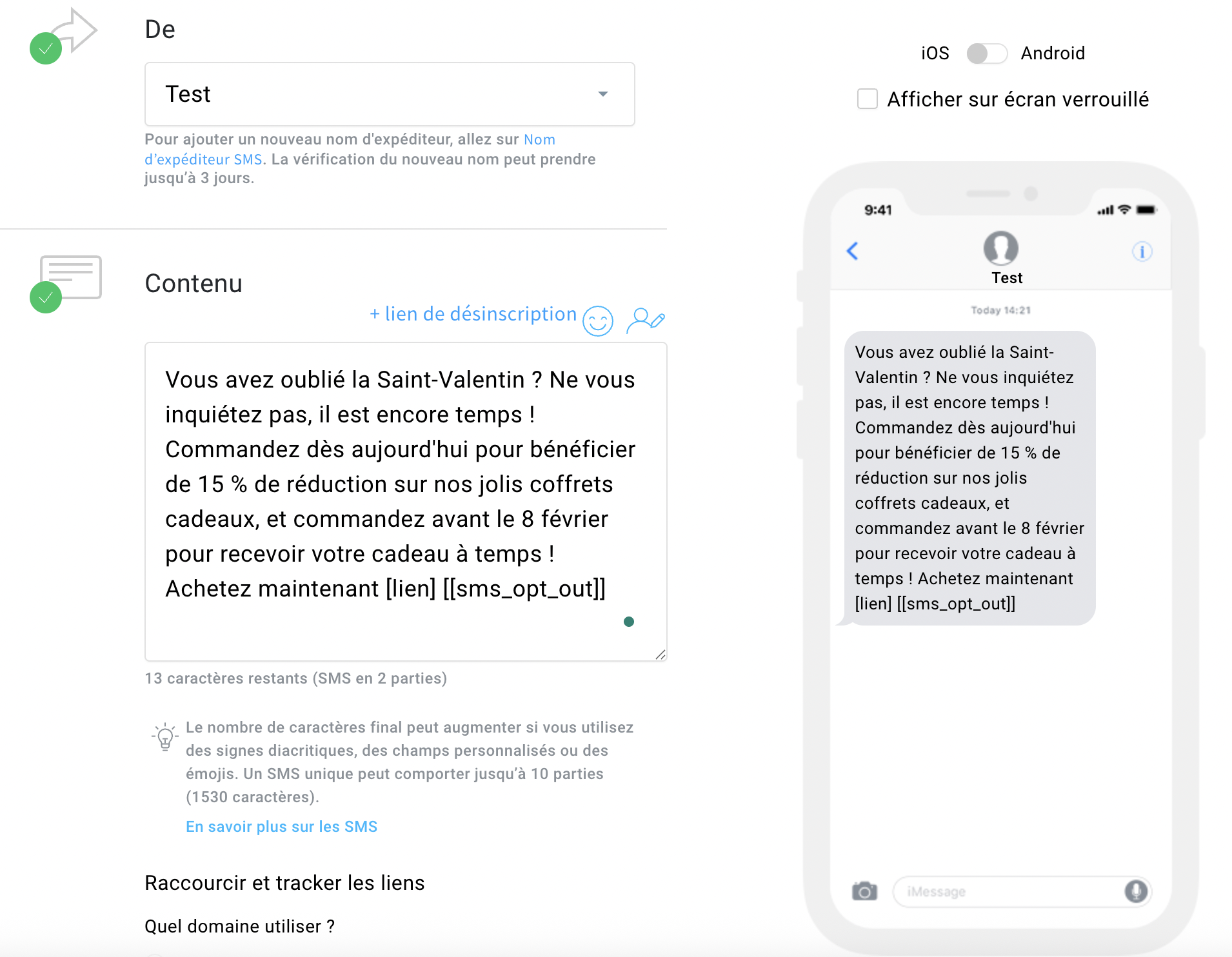 Création du message SMS dans la fonctionnalité SMS Automation de GetResponse.