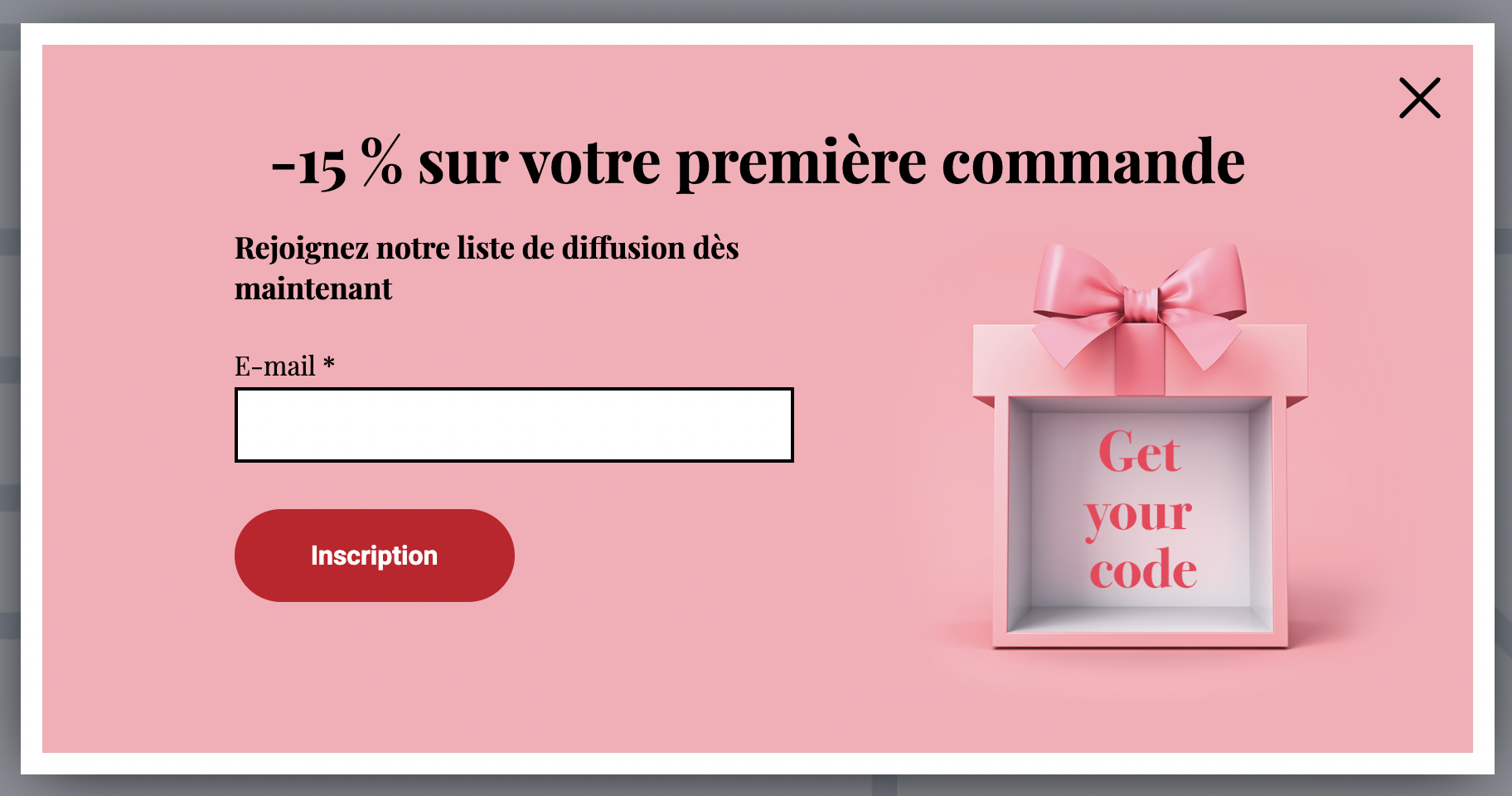 Exemple de fenêtre pop-up pour une newsletter de la Saint-Valentin créée avec le générateur de formulaires d'inscription gratuit de GetResponse.