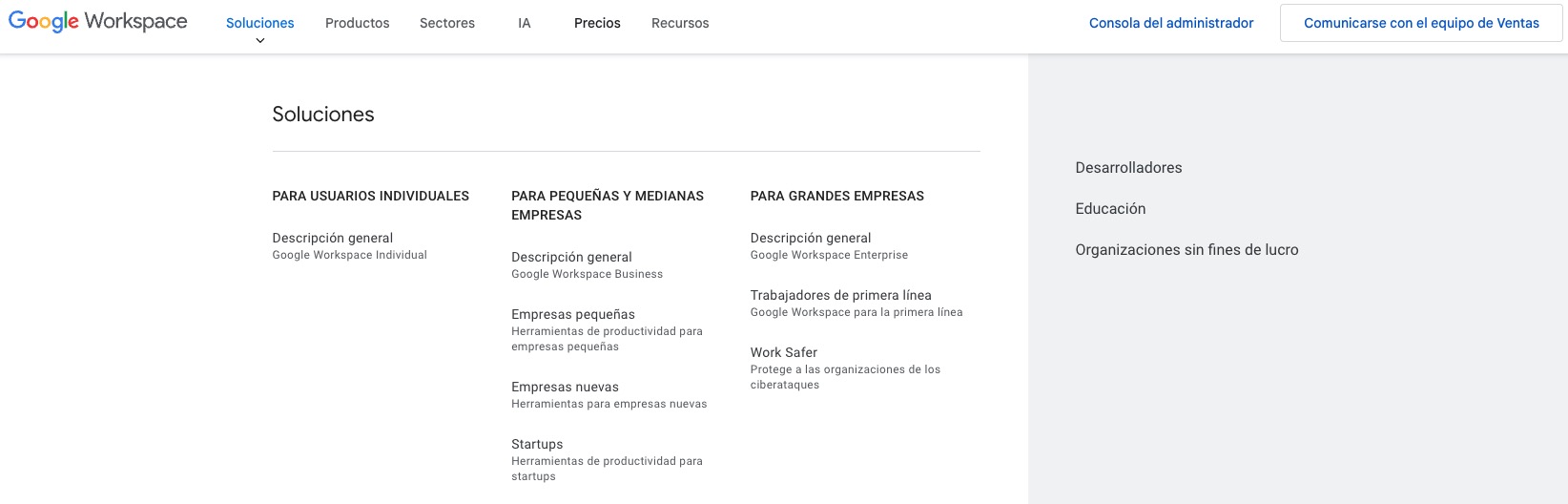 Interfaz del proveedor de correo Gmail que muestra los planes de precios y las funciones de Google Workspace.