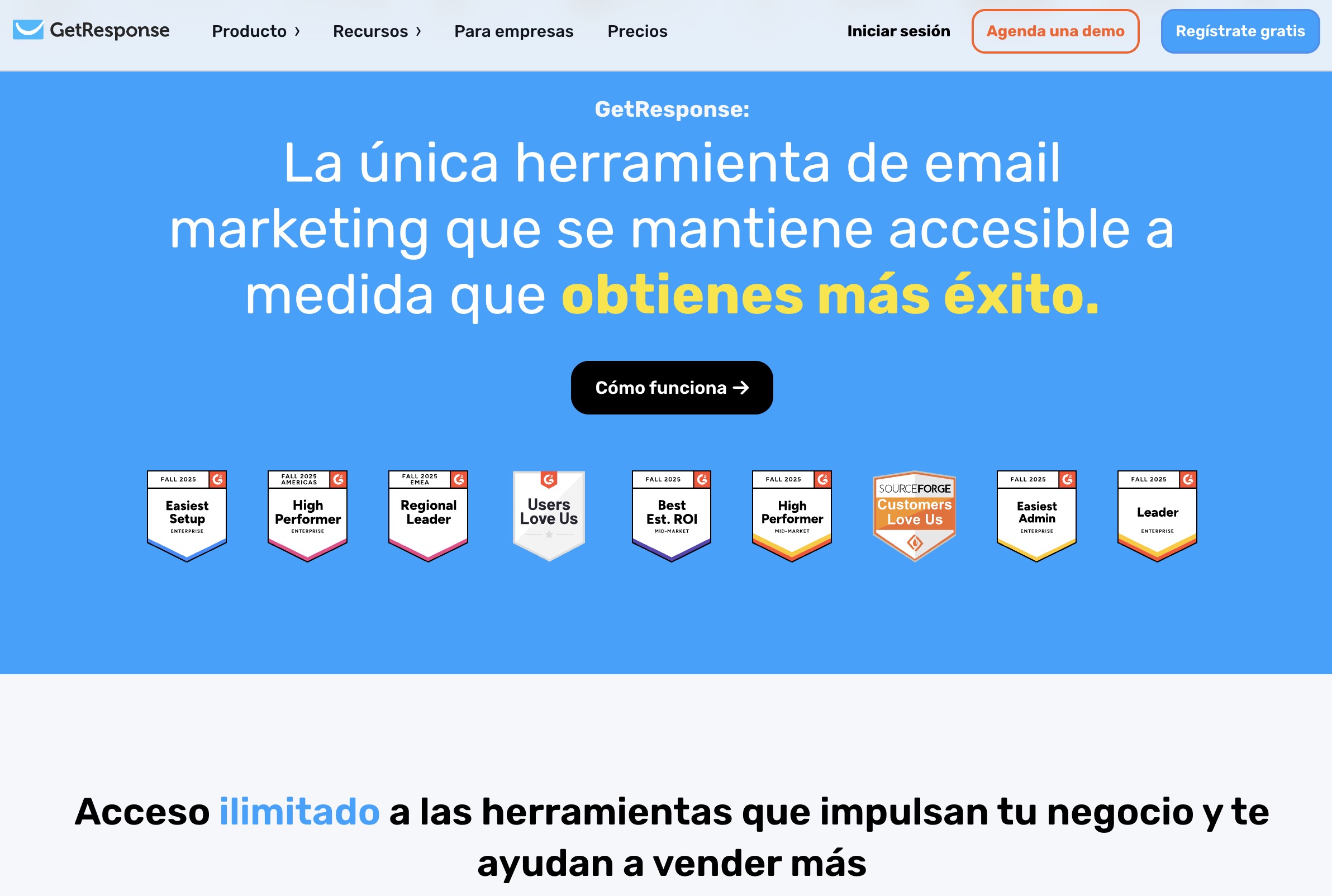 Plataforma de email marketing GetResponse que muestra el generador de campañas y el panel de analíticas.