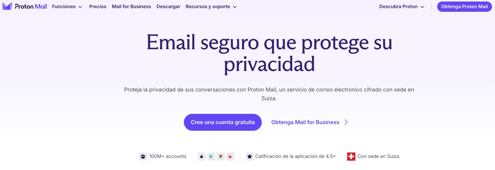 Interfaz del proveedor de correo seguro Proton Mail que resalta las funciones de cifrado de extremo a extremo.