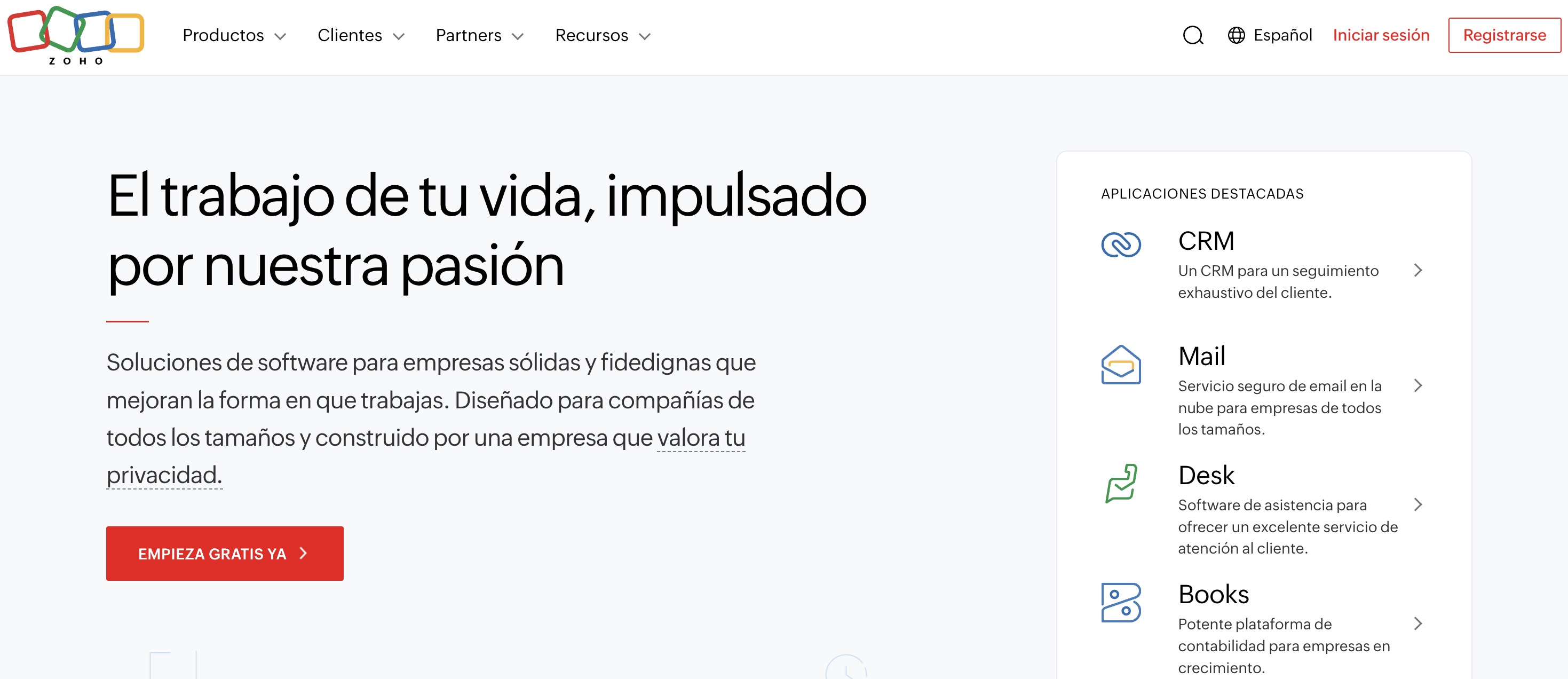 Proveedor de correo empresarial Zoho Mail que muestra el panel de administración y las funciones de colaboración en equipo.