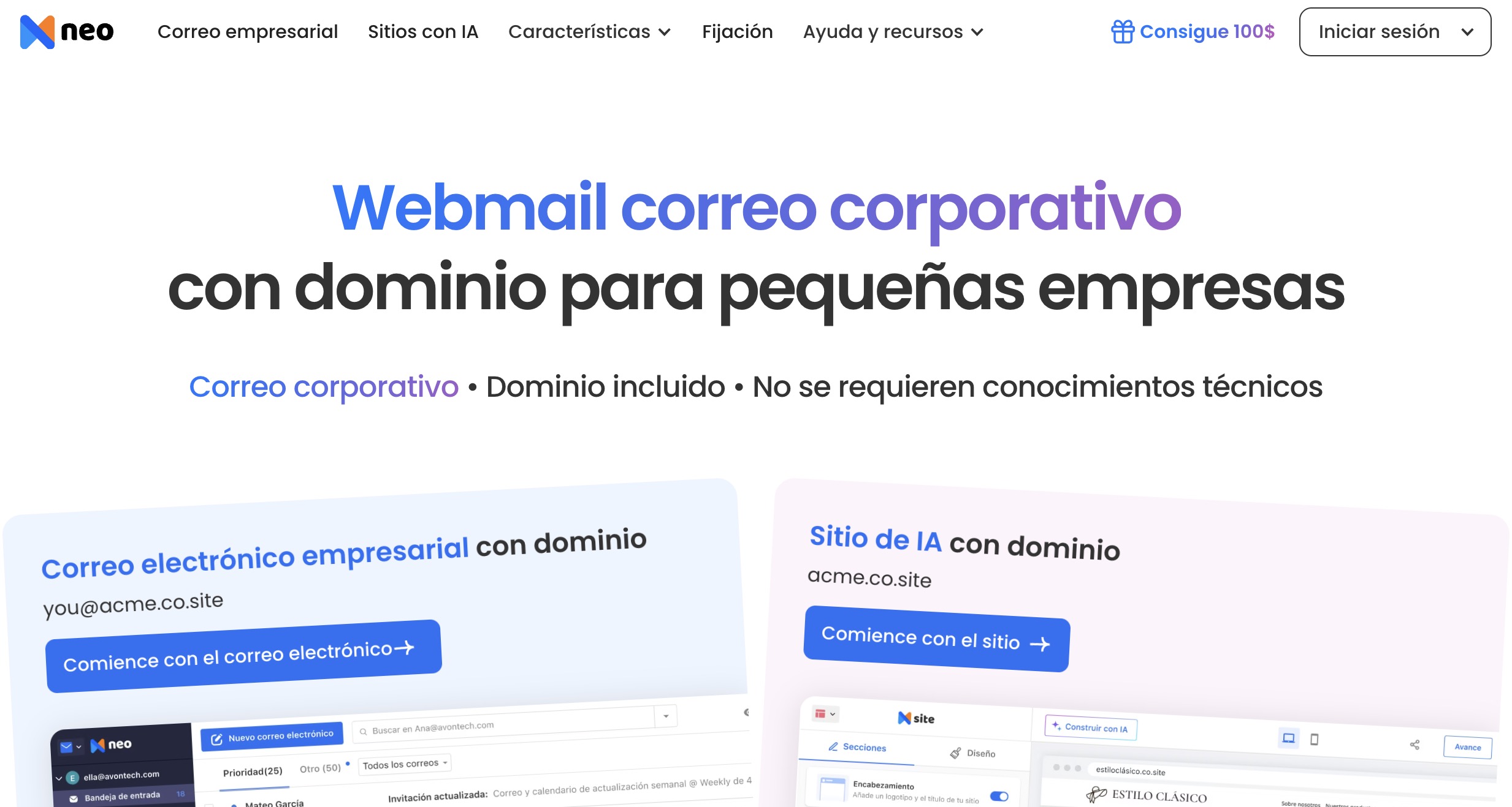 Proveedor de correo Neo que muestra funciones de confirmación de lectura y recordatorios de seguimiento para emprendedores.