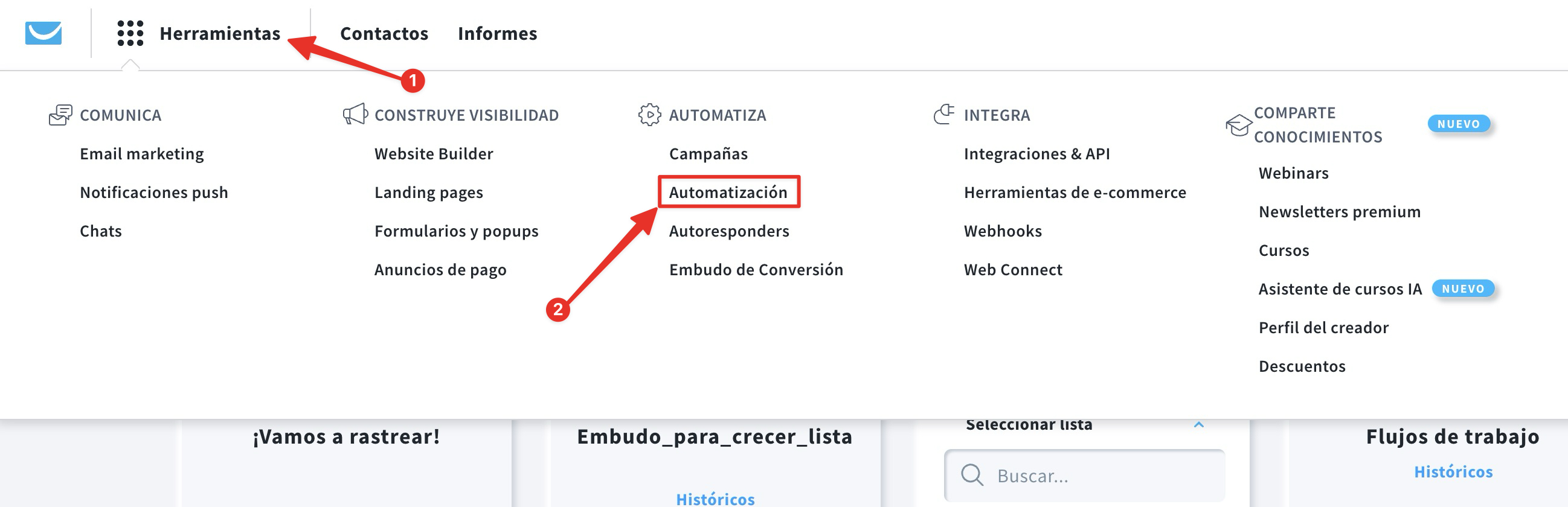 Panel de control de GetResponse mostrando cómo acceder a las funciones de Automatización en la sección de Herramientas.