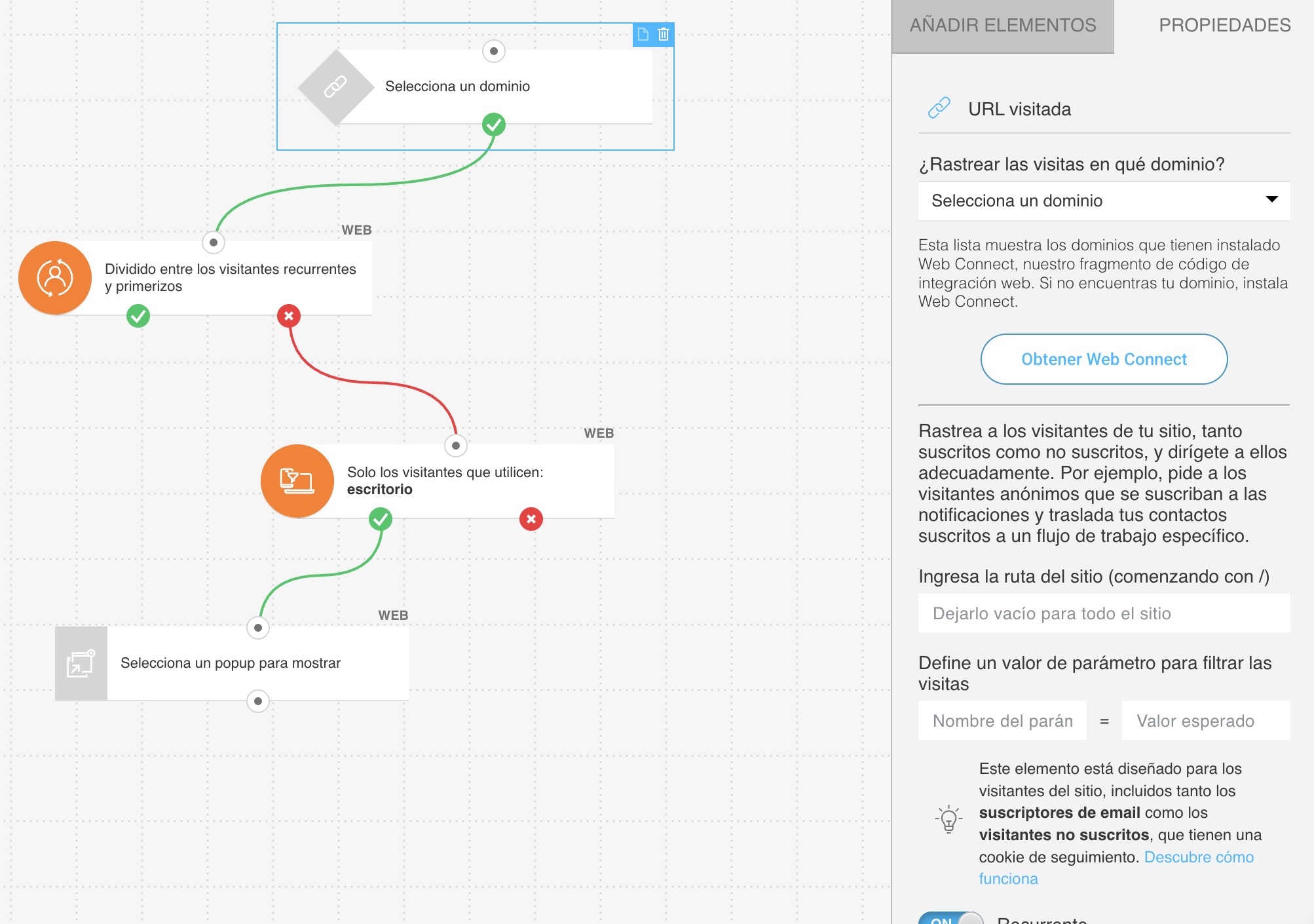 Ejemplo de un flujo de automatización de marketing con cuatro elementos que te permite segmentar a los visitantes primerizos que acceden al sitio desde un dispositivo de escritorio.