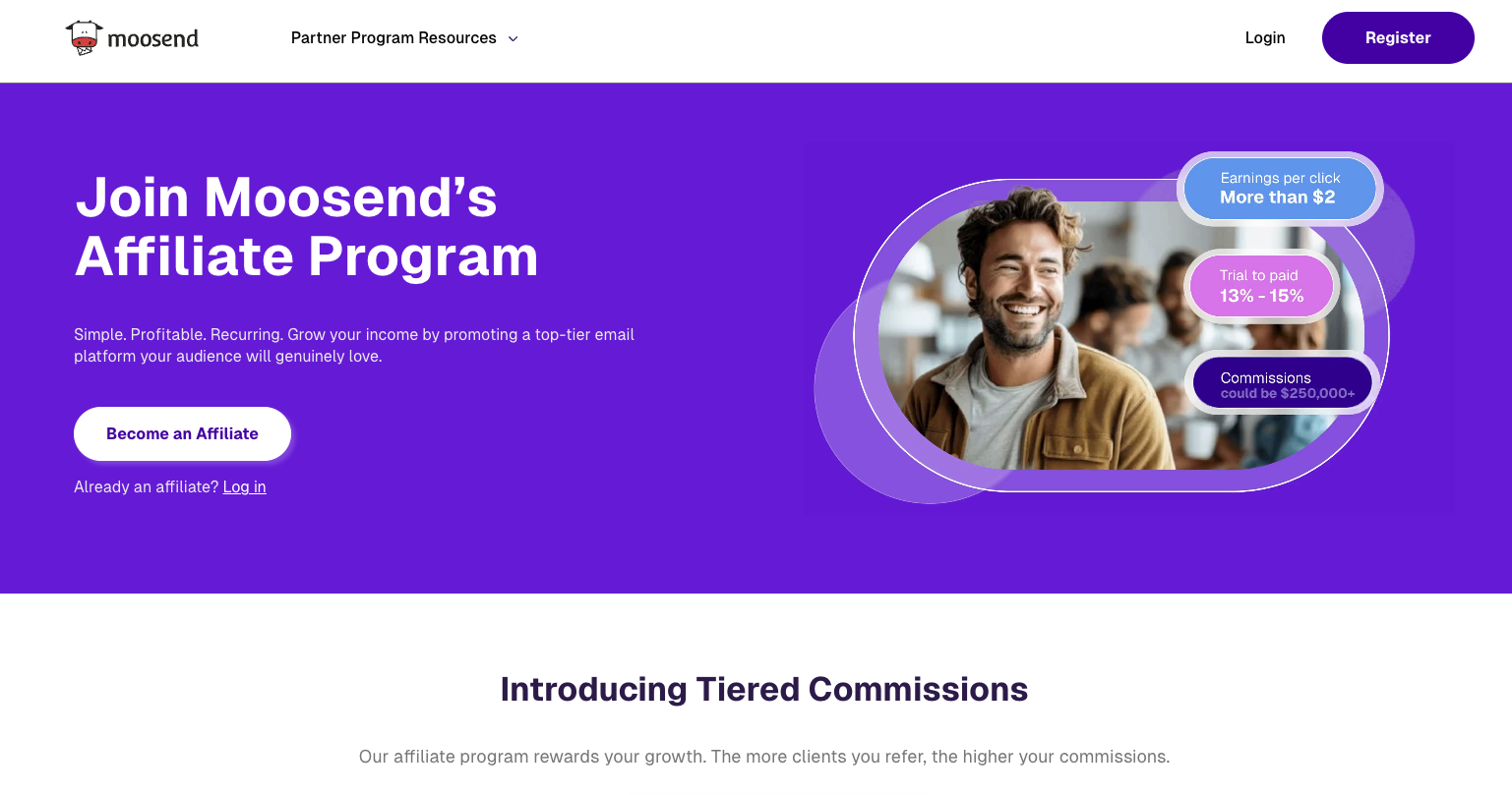 Moosend affiliate program homepage.
