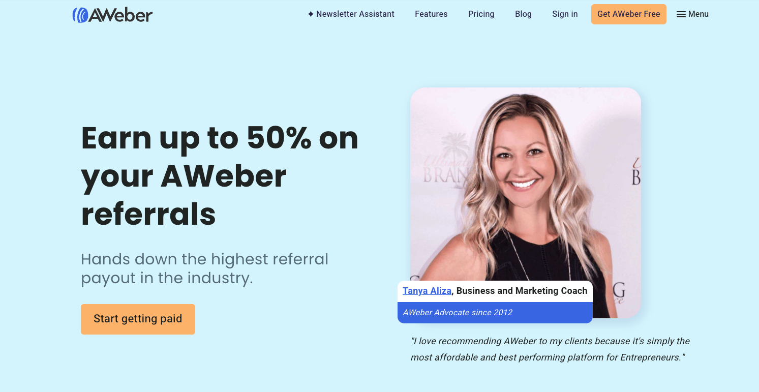 Affiliate program page from AWeber.