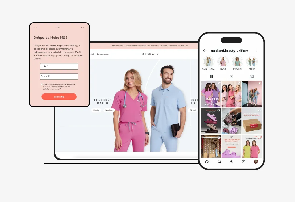 Med&Beauty ecommerce homepage featuring medical scrubs collection, Instagram profile preview, and newsletter signup form for exclusive offers and product updates.