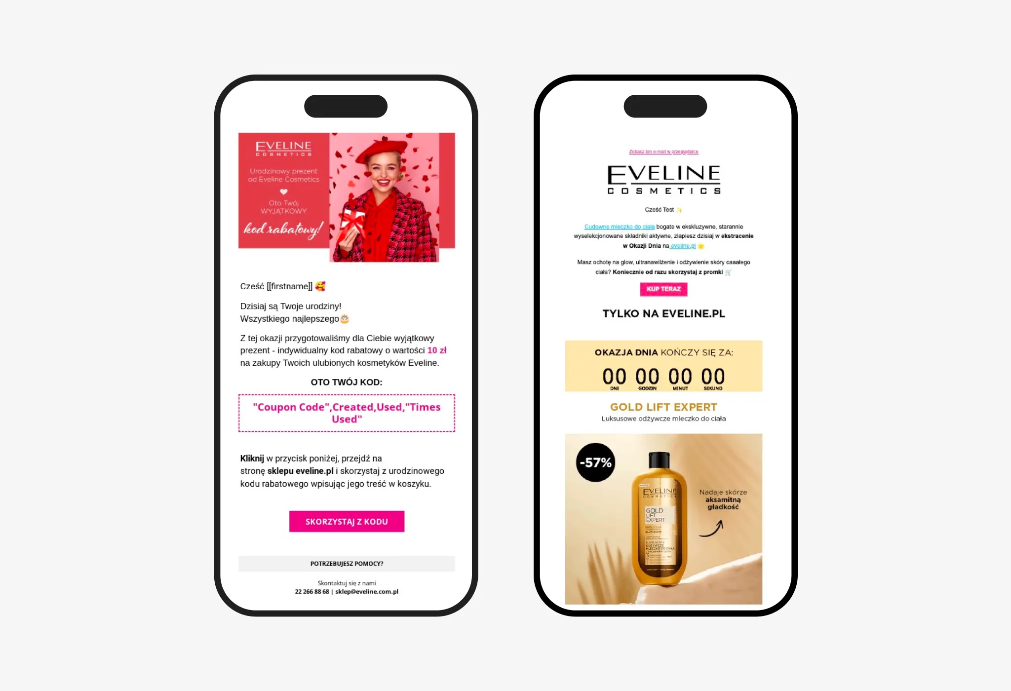 Mobile view of Eveline Cosmetics email marketing newsletters featuring personalized birthday discount code, promotional offer with countdown timer, and Gold Lift Expert product campaign with limited-time sale.