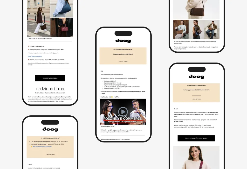 Mobile view of DAAG email marketing newsletters featuring leather handbags promotions, new collection announcements, limited-time discounts, family-owned brand storytelling, and ecommerce campaign updates.