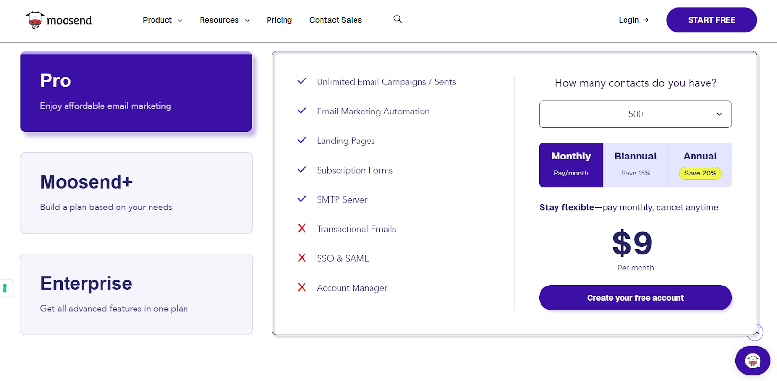 Moosend's oricing table starting at $9 for 500 contacts