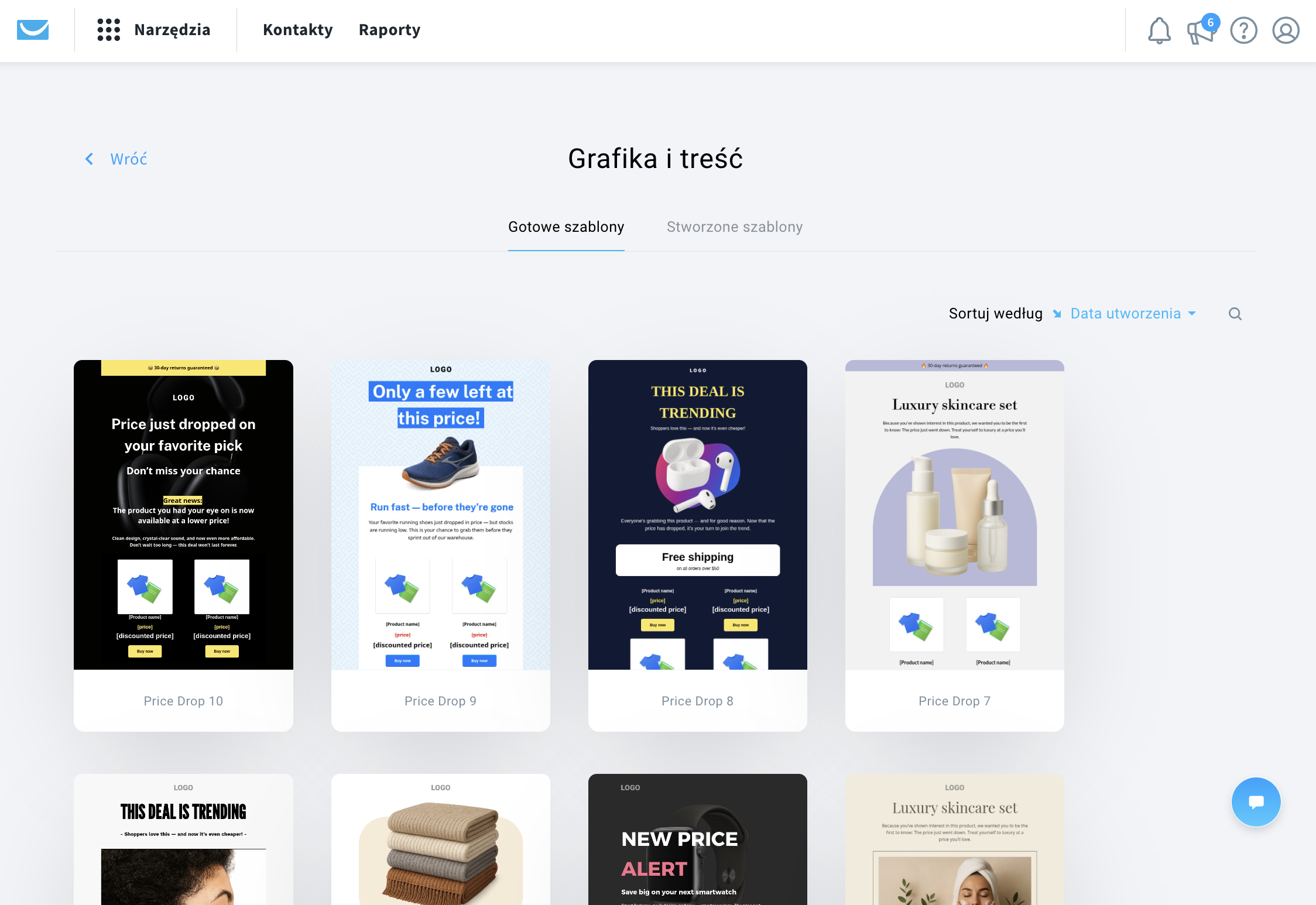 Interfejs GetResponse pokazujący szablony wiadomości email dotyczących obniżek cen, które użytkownicy mogą edytować i wysyłać, aby powiadomić swoich klientów o obniżkach cen.