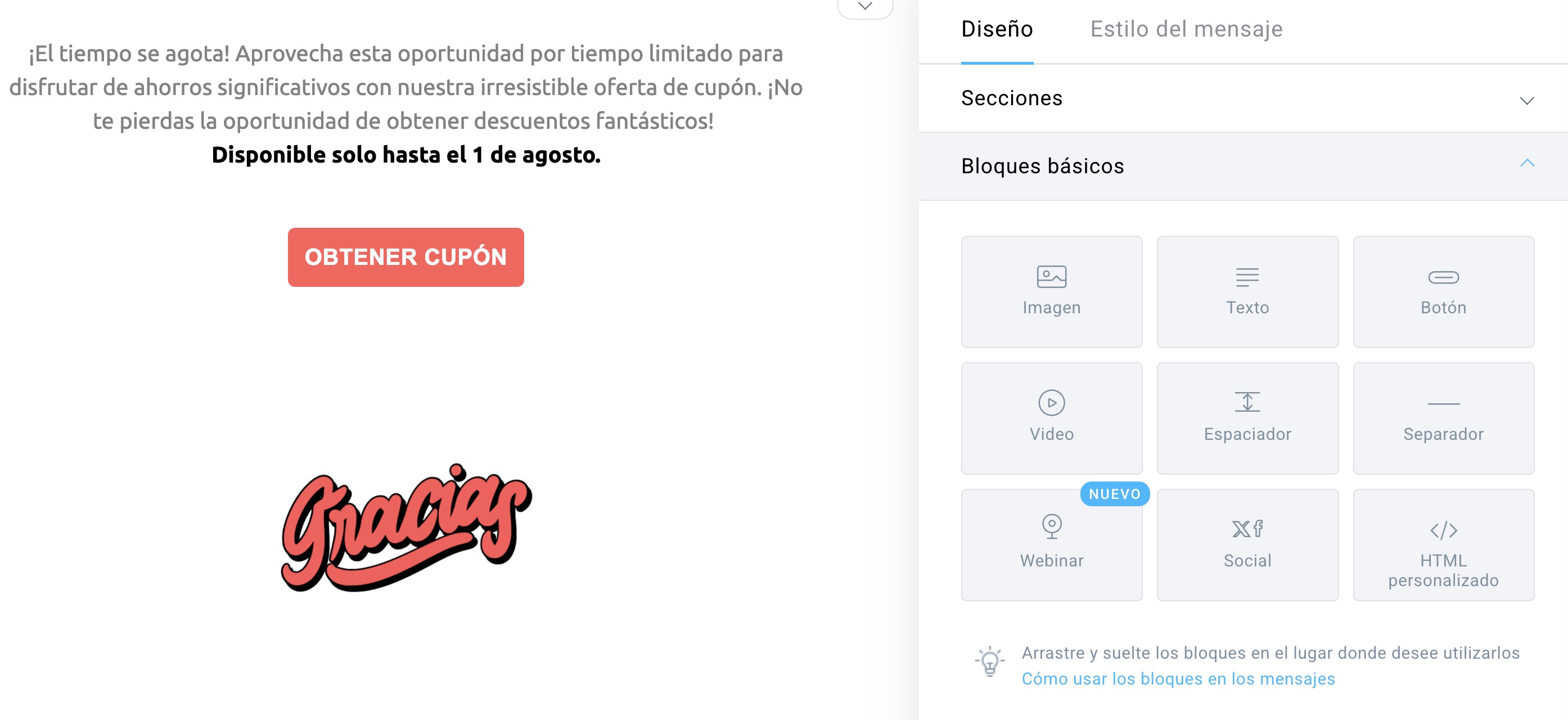 interfaz del editor de correos electrónicos de getresponse