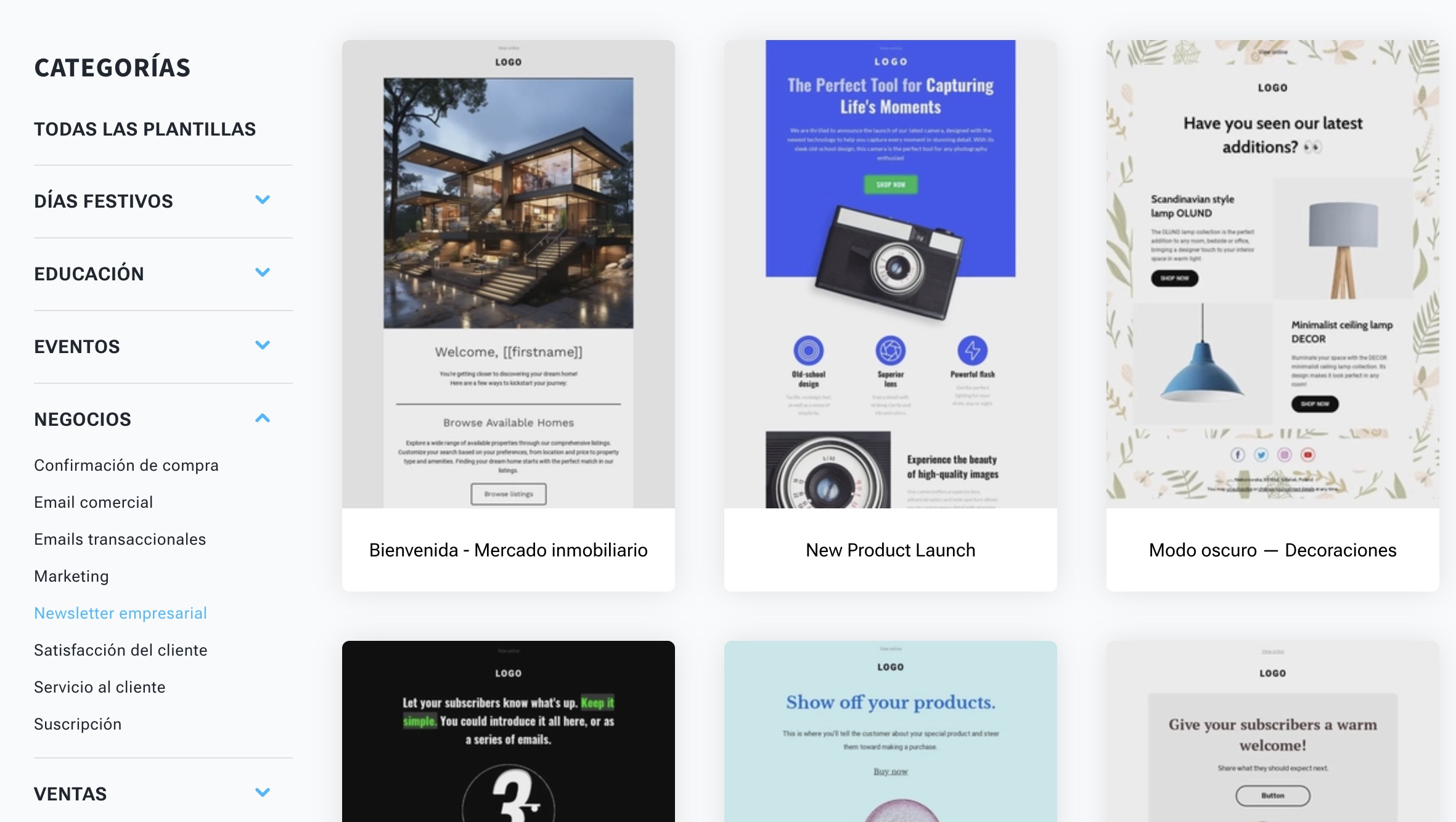 Galería de plantillas de email de GetResponse.