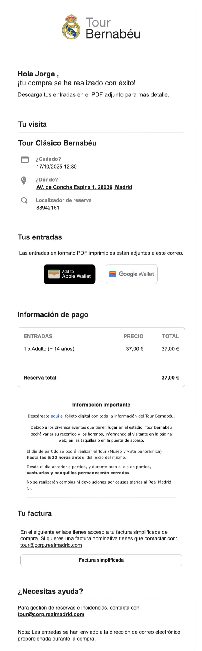 Ejemplo profesional de correo electrónico de confirmación de pedido que muestra el resumen del pedido, los datos de facturación, la información de envío y los datos de contacto del servicio de atención al cliente