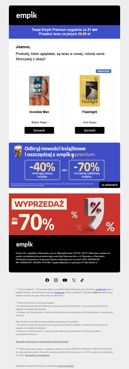 Przykład powiadomienia email o obniżce ceny, pokazujący karty produktów z przekreślonymi cenami pierwotnymi i nowymi cenami po obniżce. 
