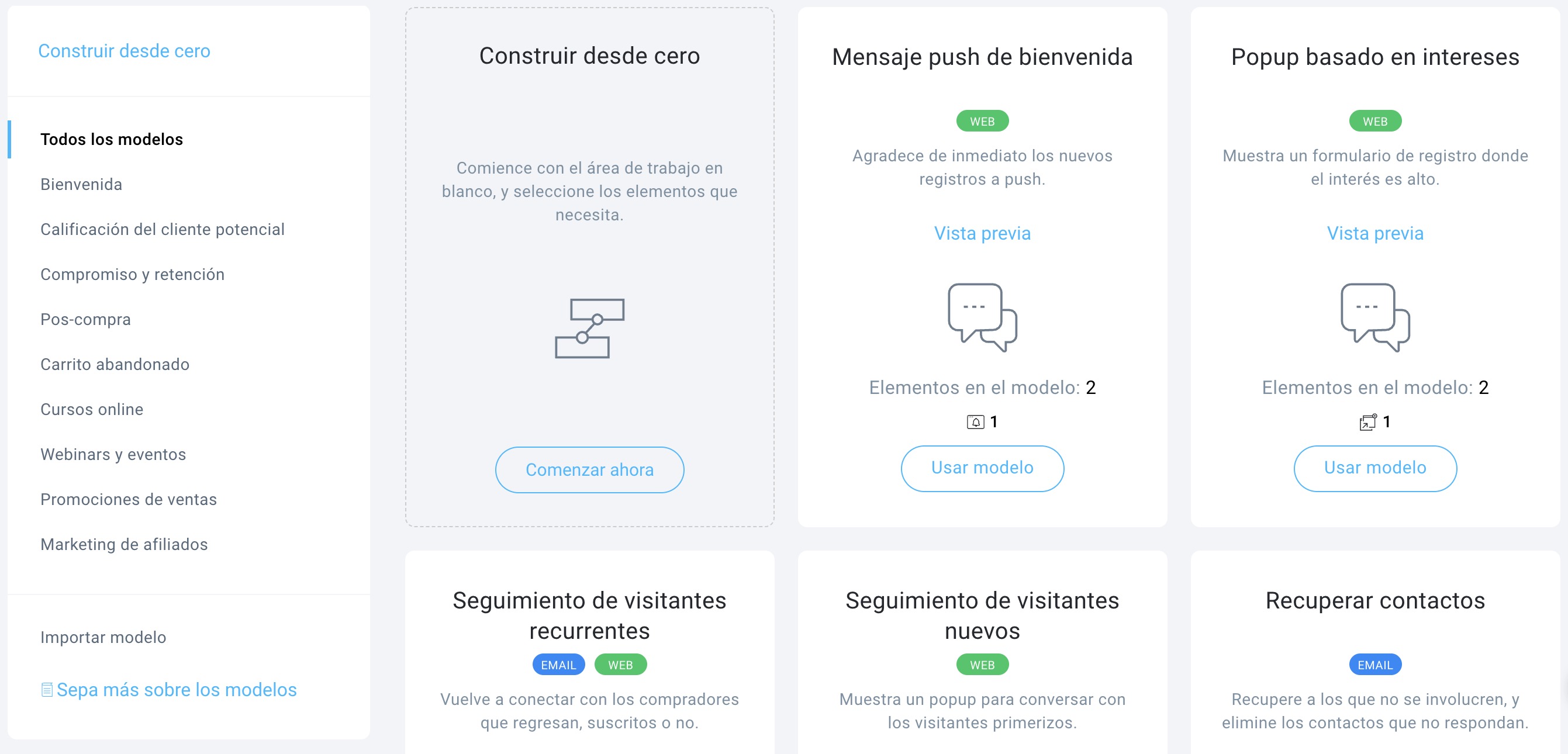 Página de creación de flujos de trabajo en GetResponse que muestra diversas plantillas de automatización, incluidas opciones de correo electrónico de confirmación de pedido y transaccionales