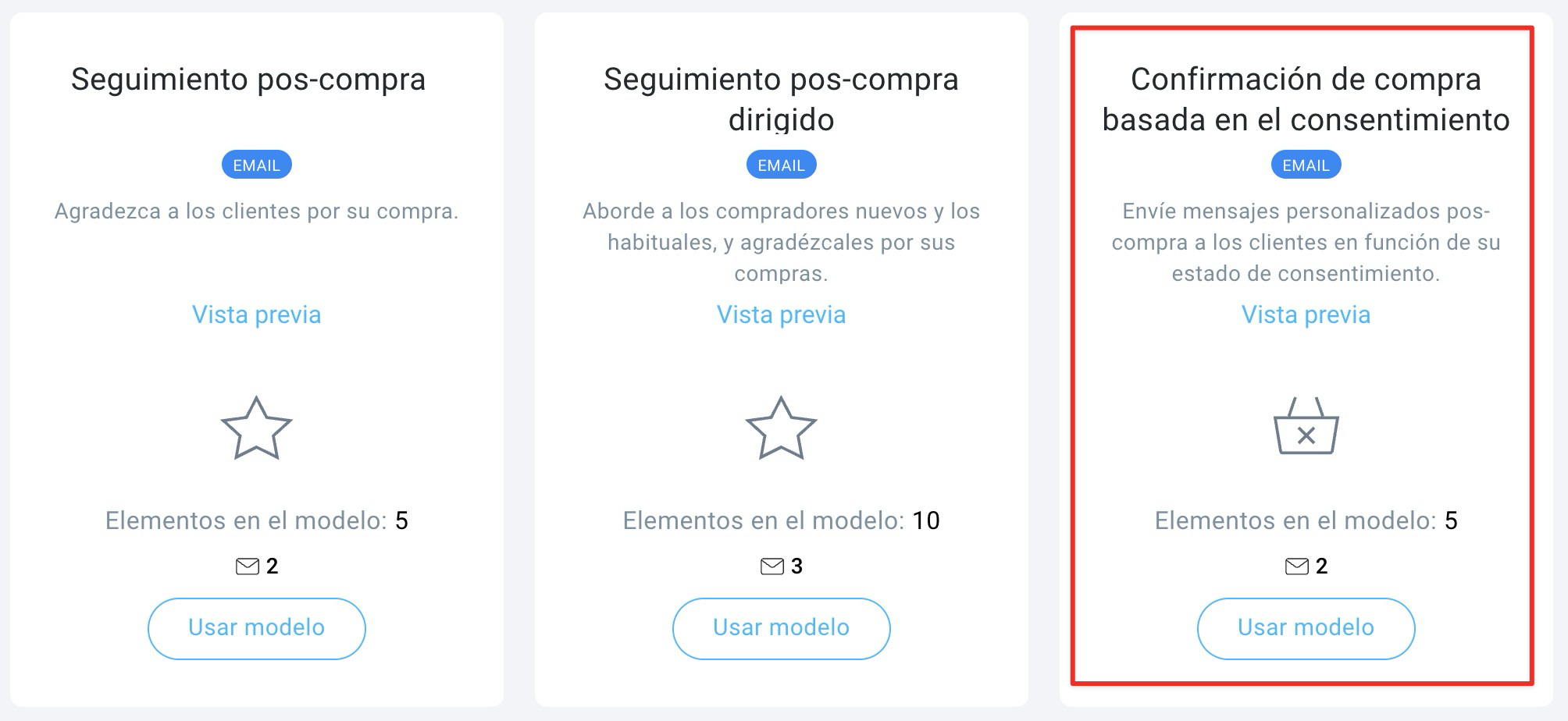 Pantalla de selección de plantillas de correo electrónico de confirmación de pedido de GetResponse, compatible con GDPR, con opciones personalizables de flujo de trabajo de automatización