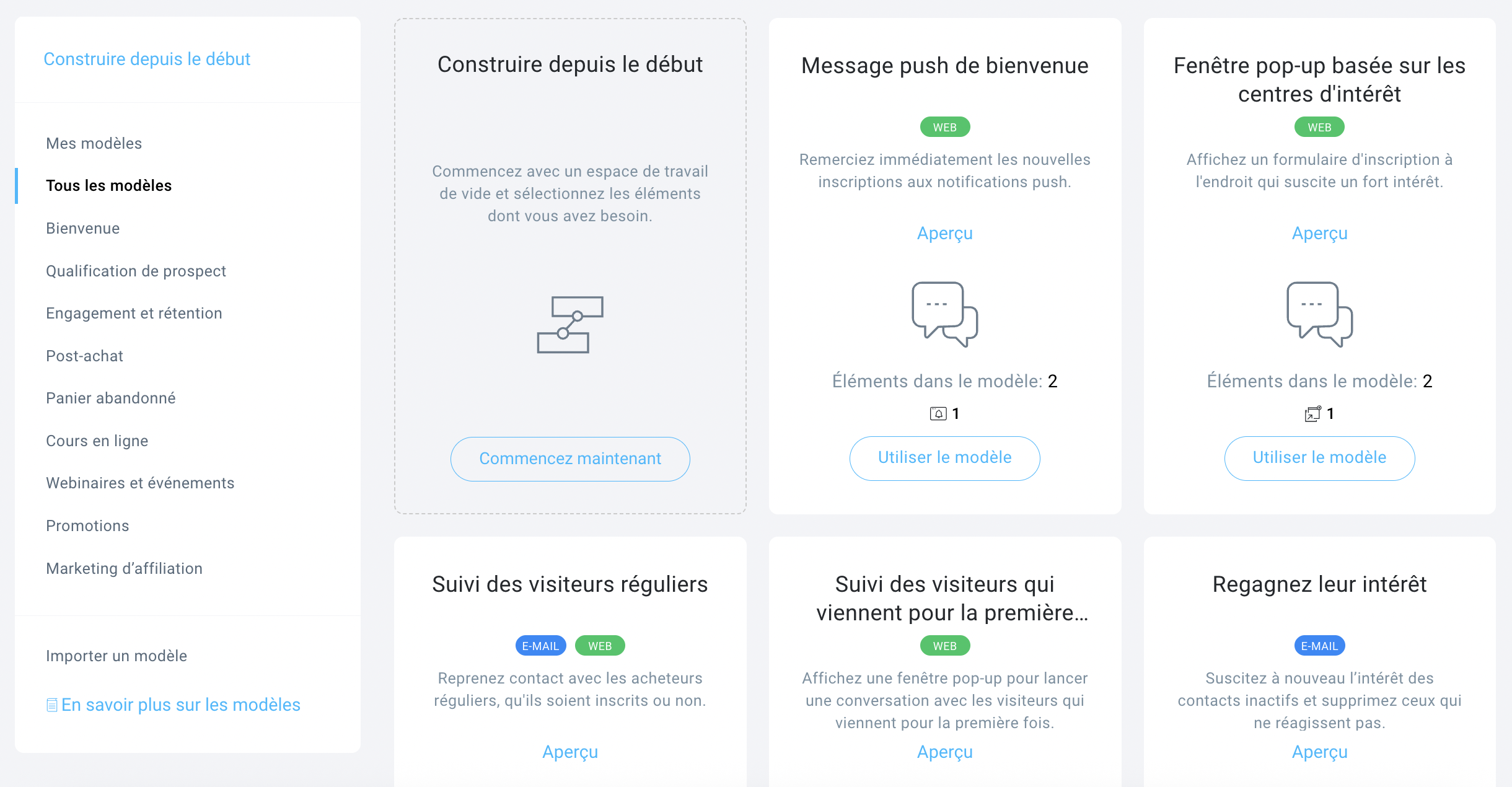 Interface du créateur de workflows visuelle de GetResponse montrant des éléments en glisser-déposer et des modèles de campagnes.