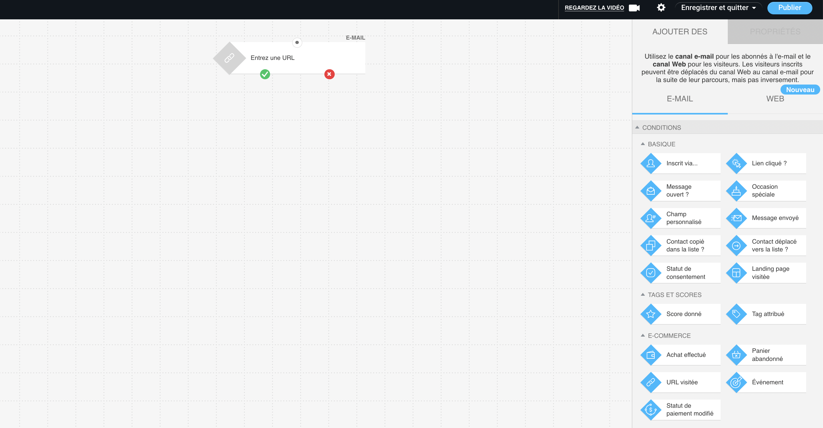 Créateur visuel de workflows de GetResponse affichant une interface de création automatisée de campagnes email et web avec des éléments en glisser-déposer.