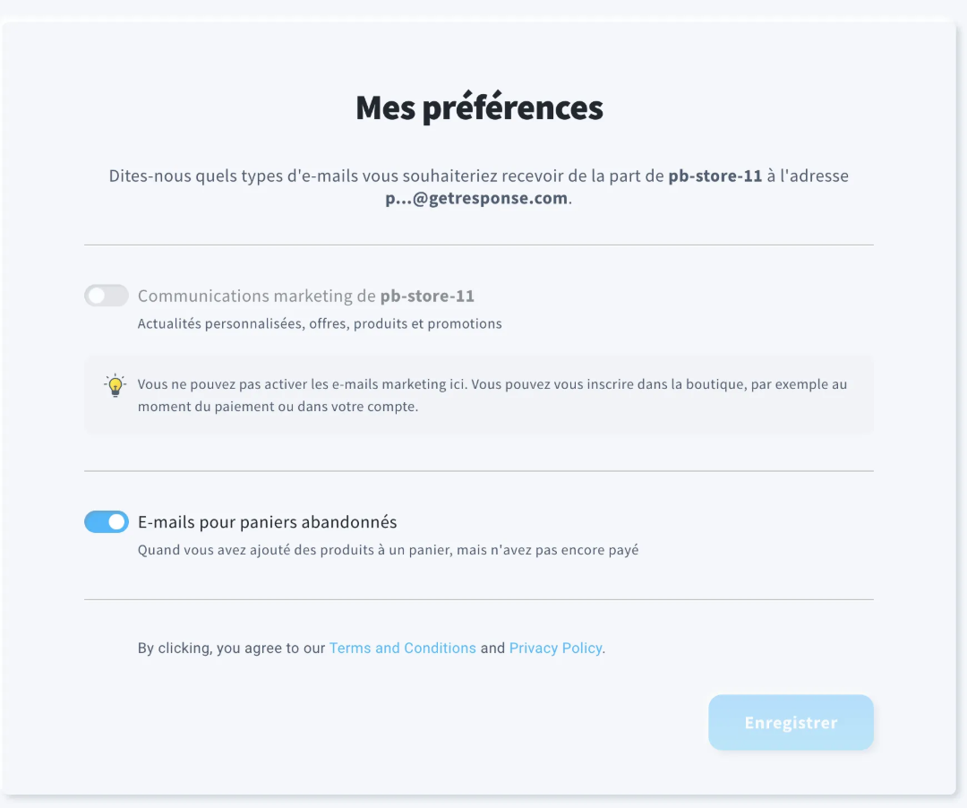 Interface du centre de préférences GetResponse présentant les options d’abonnement aux alertes de prix et les paramètres de gestion du consentement marketing.