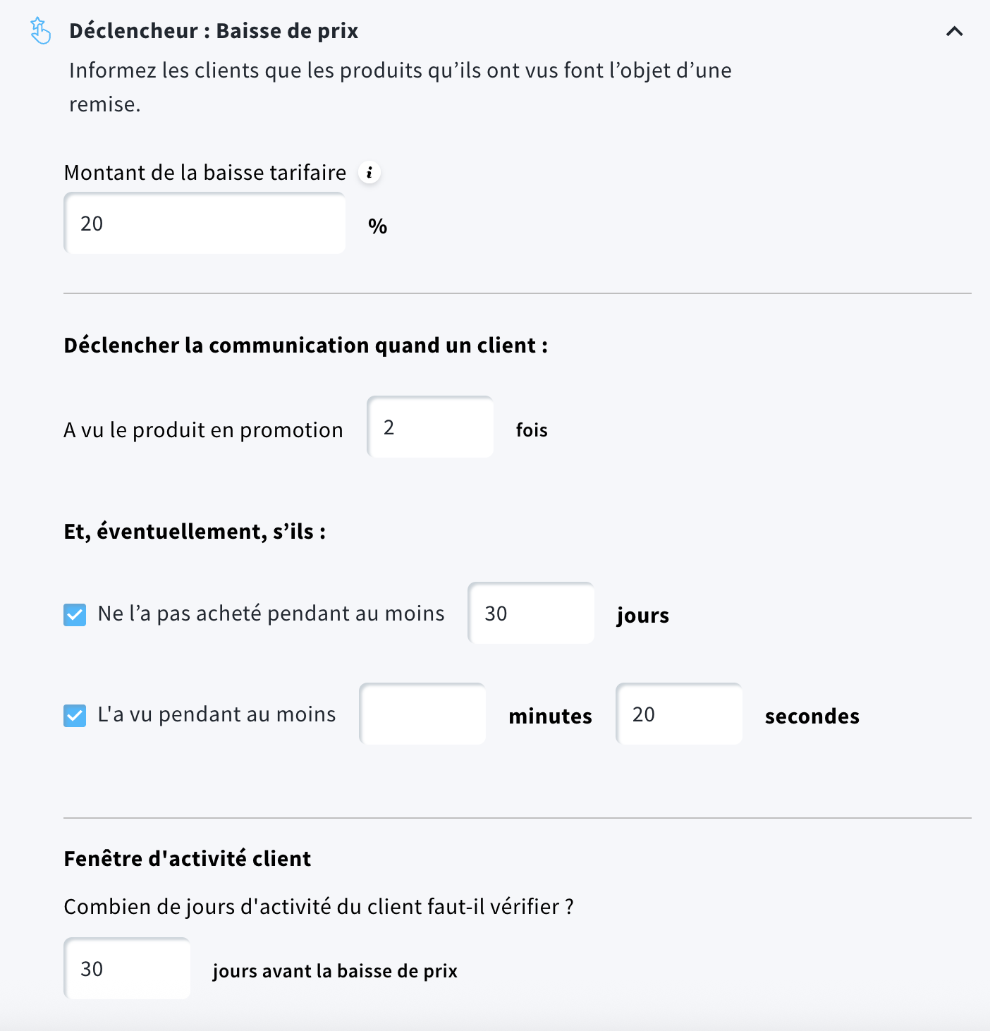 Interface de ciblage d’audience présentant les options de configuration du nombre de vues produit et du temps passé sur la page pour les campagnes de baisse de prix.