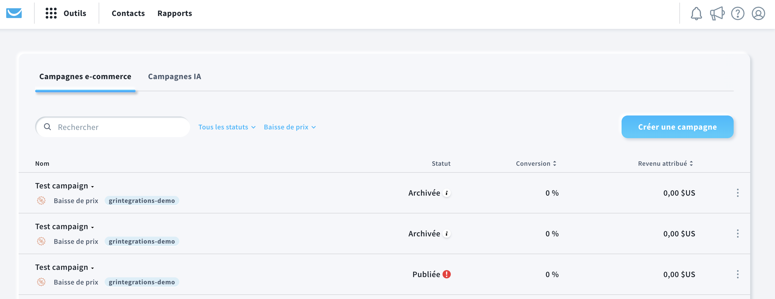 Tableau de bord analytique GetResponse affichant les indicateurs de performance des campagnes de baisse de prix, notamment les taux de conversion et l’attribution des revenus.