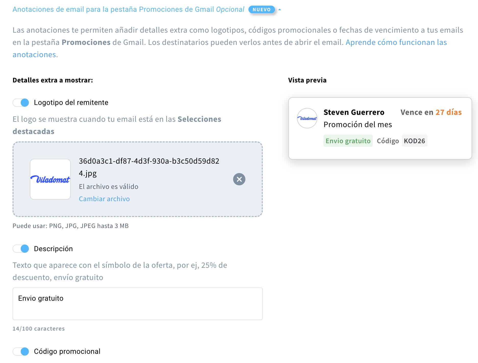 Configuración de anotaciones de email dentro del editor de emails de GetResponse.
