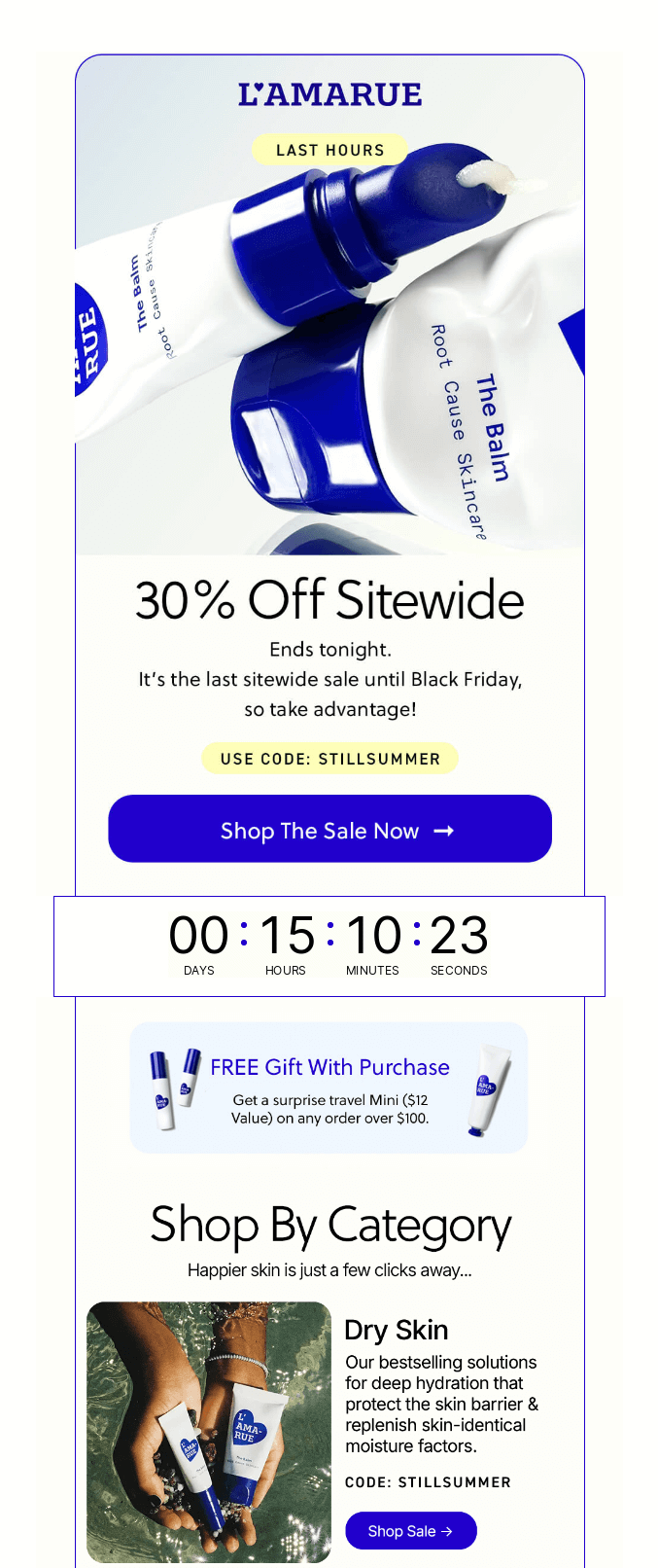 Skincare promotion email from L’AMARUE offering 30% off sitewide with product images and countdown timer showing days, hours, minutes, and seconds for a limited-time beauty sale.