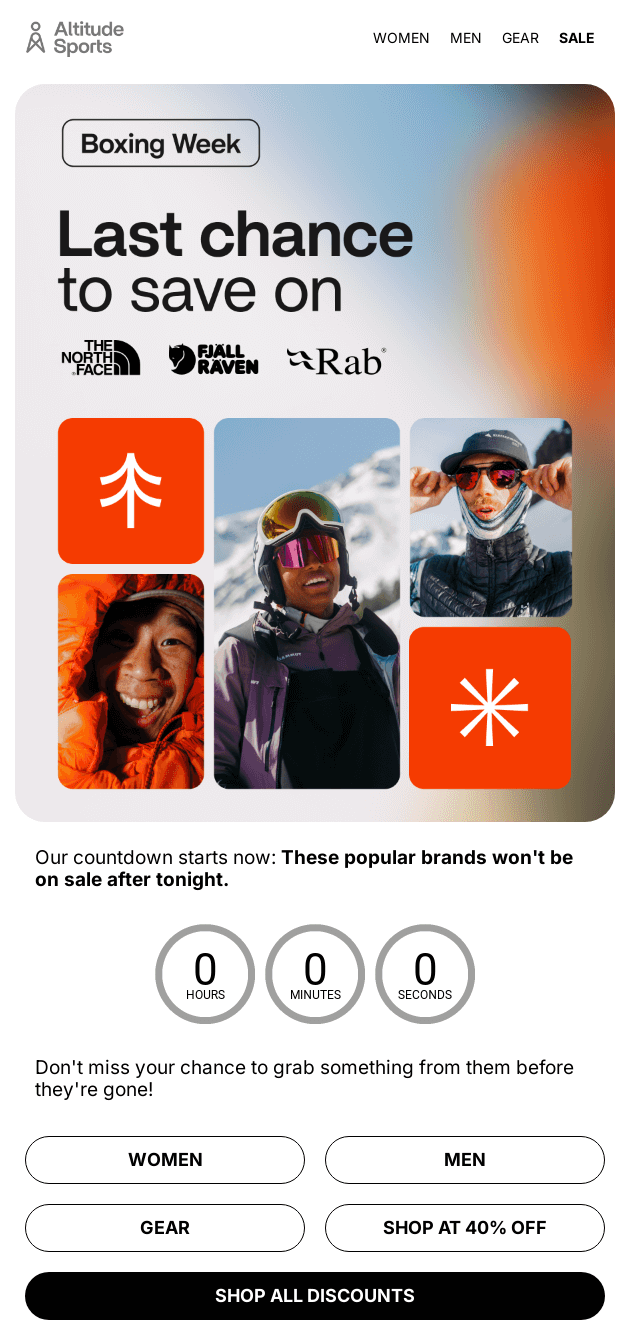 Retail email campaign for Boxing Week sale featuring outdoor apparel brands, product images, and a countdown timer showing hours, minutes, and seconds for a last-chance discount offer.