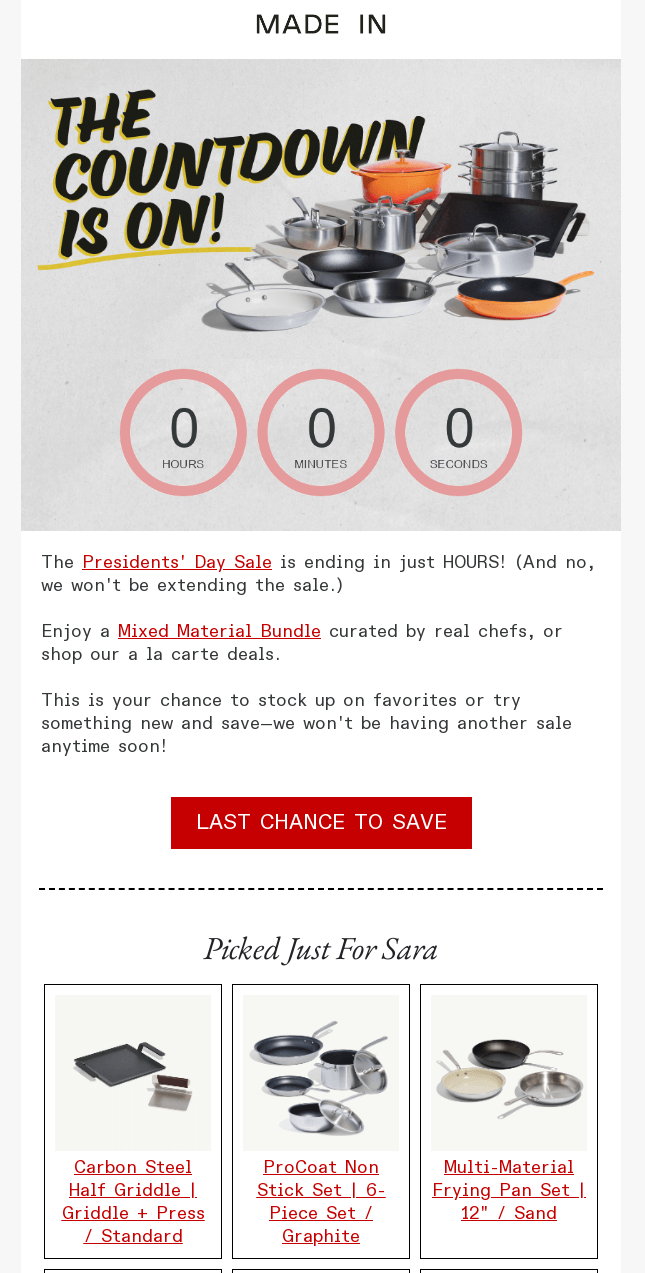 Seasonal email marketing campaign for Presidents’ Day cookware sale featuring pots and pans collection with countdown timer showing hours, minutes, and seconds for the final hours to save.