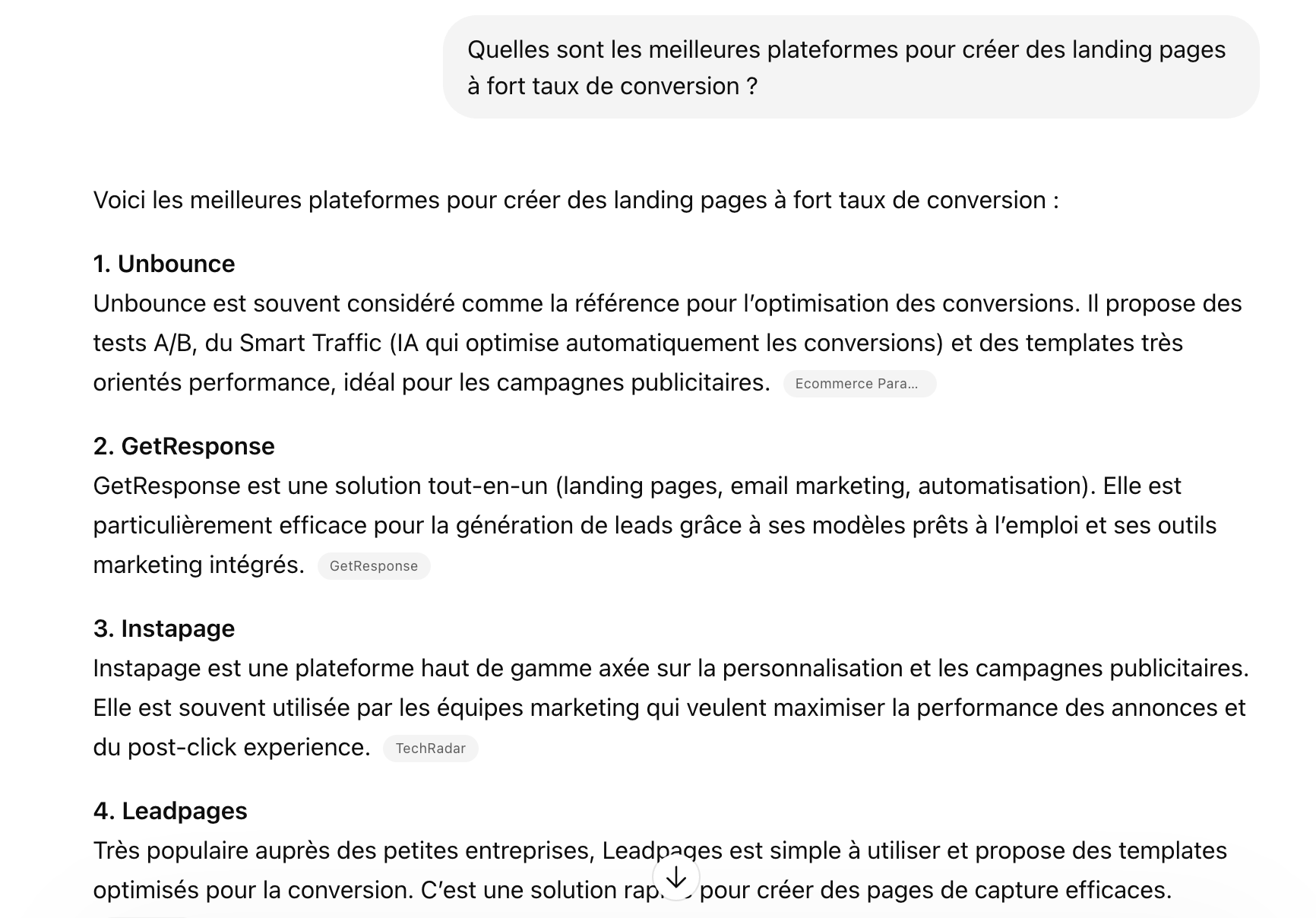 Capture d’écran d’une conversation avec ChatGPT montrant les meilleures outils de landing pages à fort taux de conversion, notamment GetResponse.