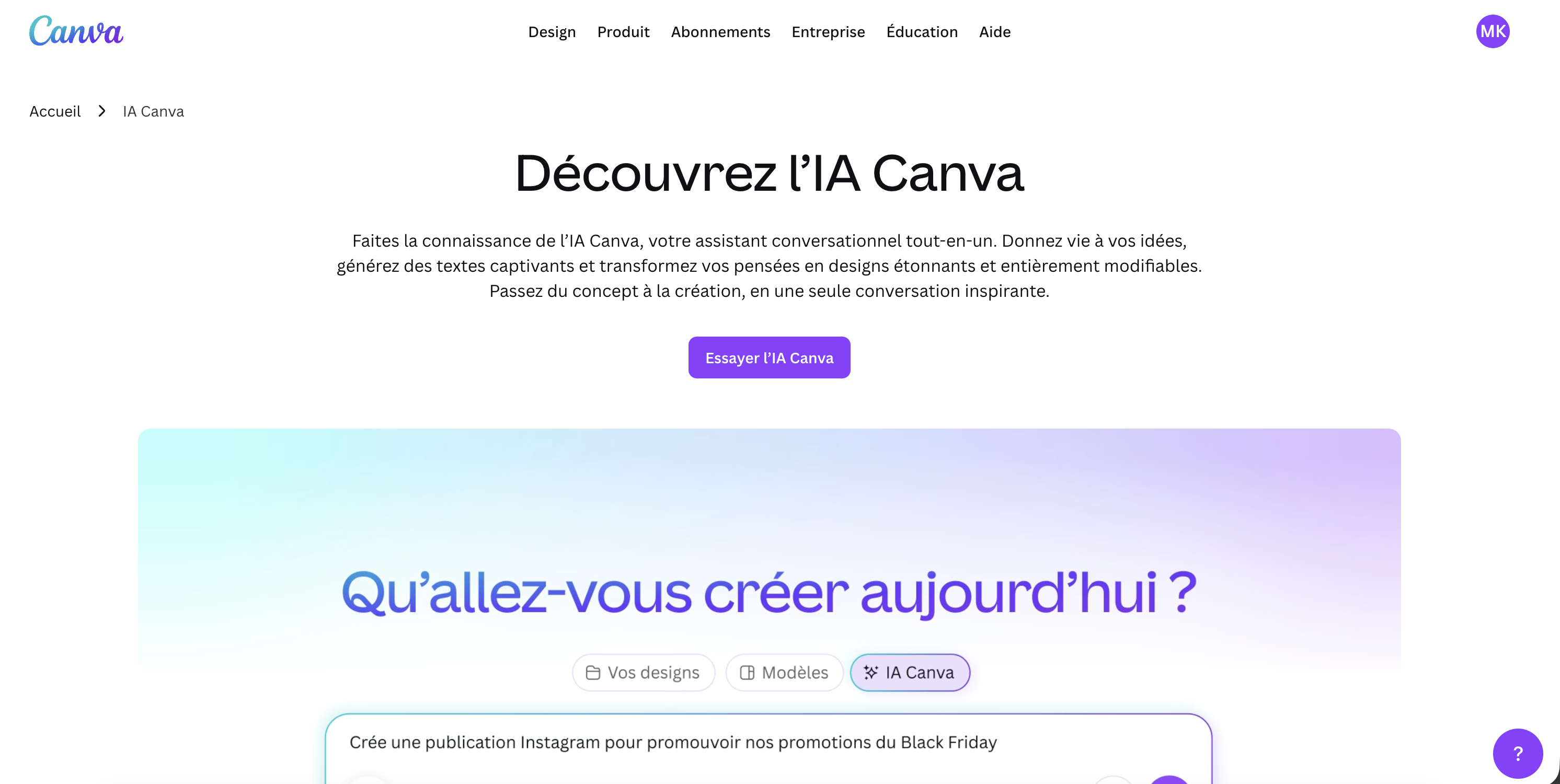 Page d'accueil de Canva AI