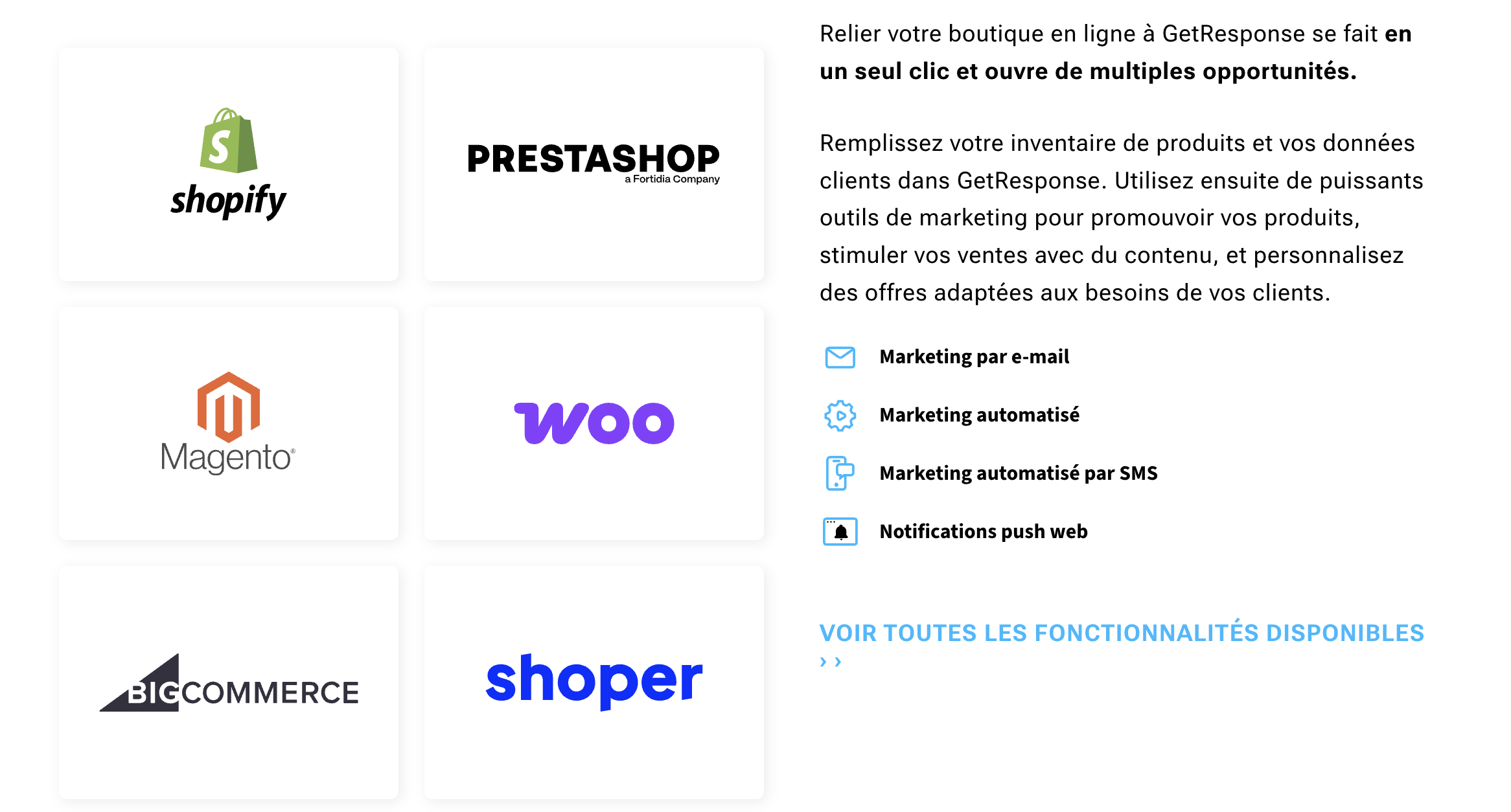 extrait de la page web de GetResponse présentant les intégrations e-commerce disponibles, notamment Shopify, PrestaShop et Magento.