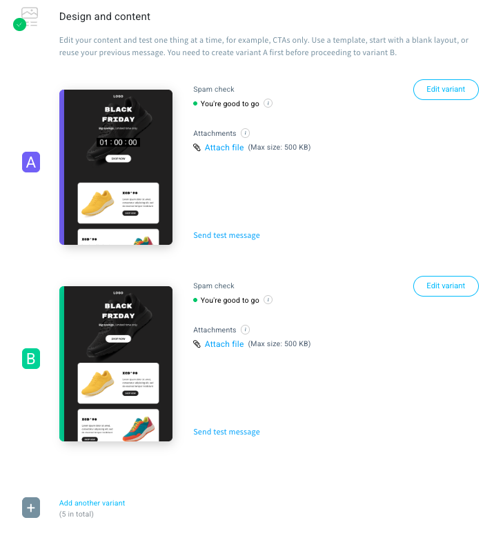 GetResponse email A/B testing interface showing two Black Friday email variants (A and B), spam check status, and options to edit variants, attach files, and send test messages before launching the campaign.